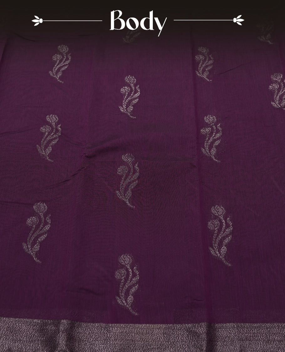 Purple Wine Colour Silk Cotton Saree with Dark Silver Floral Butta Body, Contrasting Silver Zari Pallu & Border, Floral Vine Motifs, and Matching Plain Woven Blouse Piece