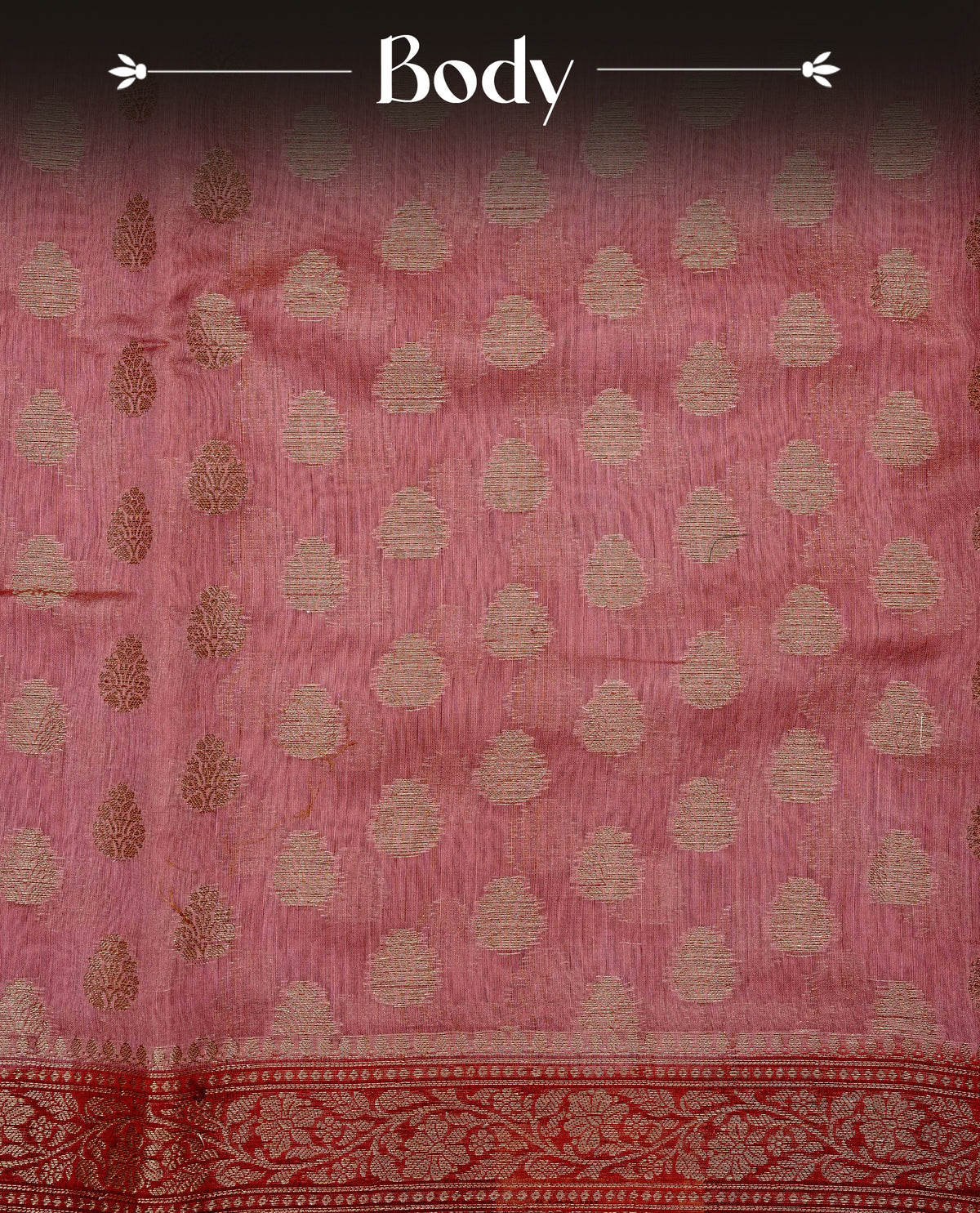 Pink colour banaras silk saree featuring gold zari buttas on body, complemented by contrast Red with gold zari border, comes with matching blouse piece.