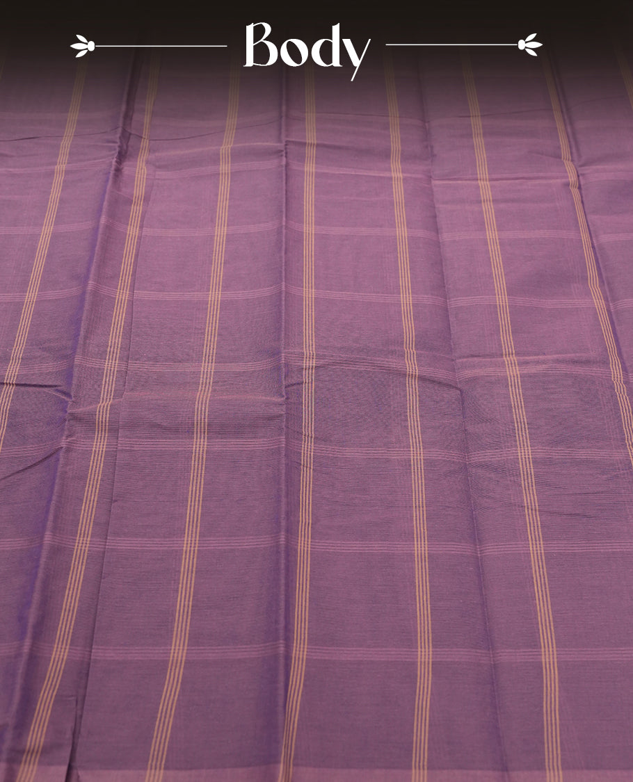 Lavender Purple Colour Silk Cotton Saree with Golden Striped Body, Contrasting Pink and Purple Striped Pallu & Border, Multi-Line Patterns, and Matching Woven Blouse Piece