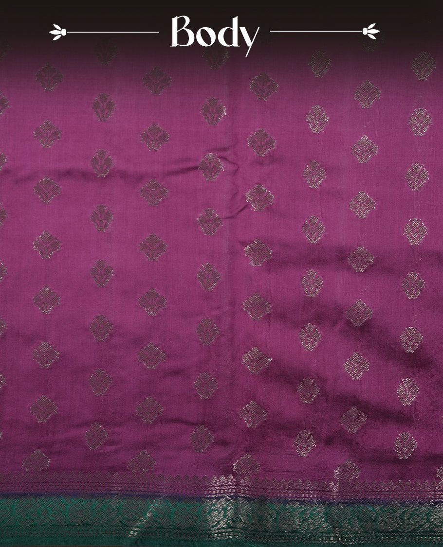 Purple colour pure tussar Banarasi saree featuring Gold zari motifs on body, contrast green colour border, and blouse piece.