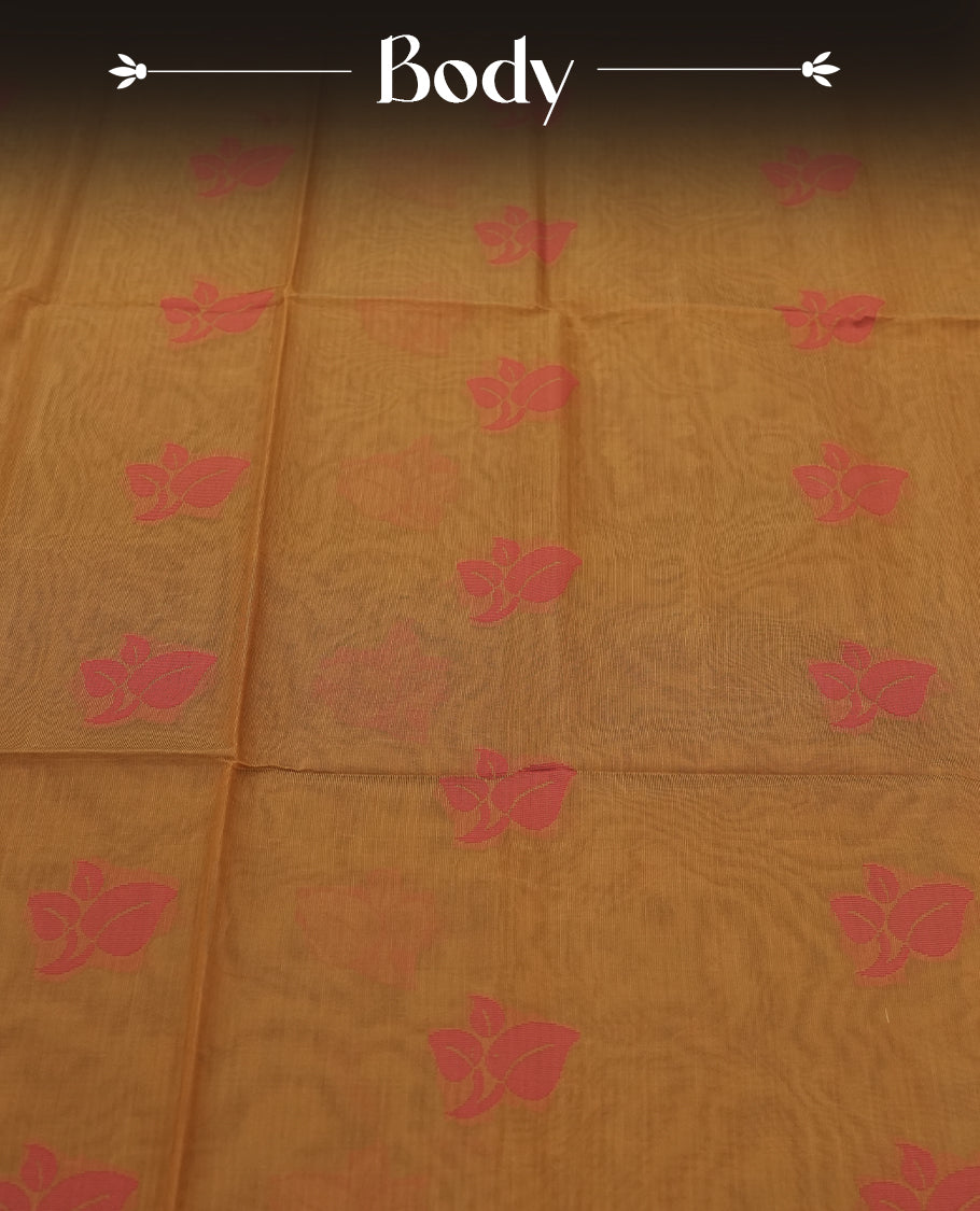 Golden orange Colour Silk Cotton Saree with Orange red Leaf Butta Body, Contrasting Orange red Zari Pallu & Border, Floral Motifs, and Matching Woven Blouse Piece