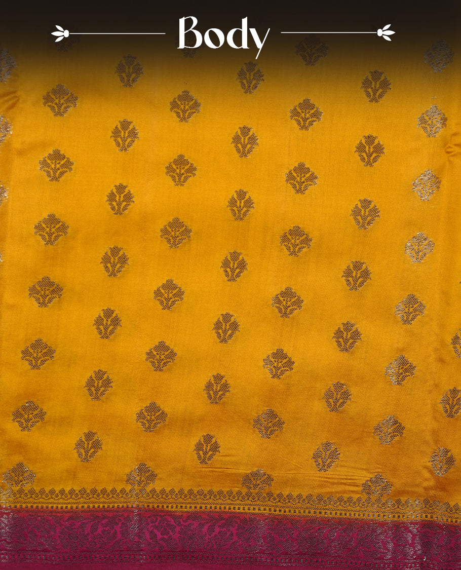 Yellow colour Pure tussar Banarasi saree featuring Gold zari motifs on body, by contrast magenta purple colour with gold zari border, and a matching blouse piece.
