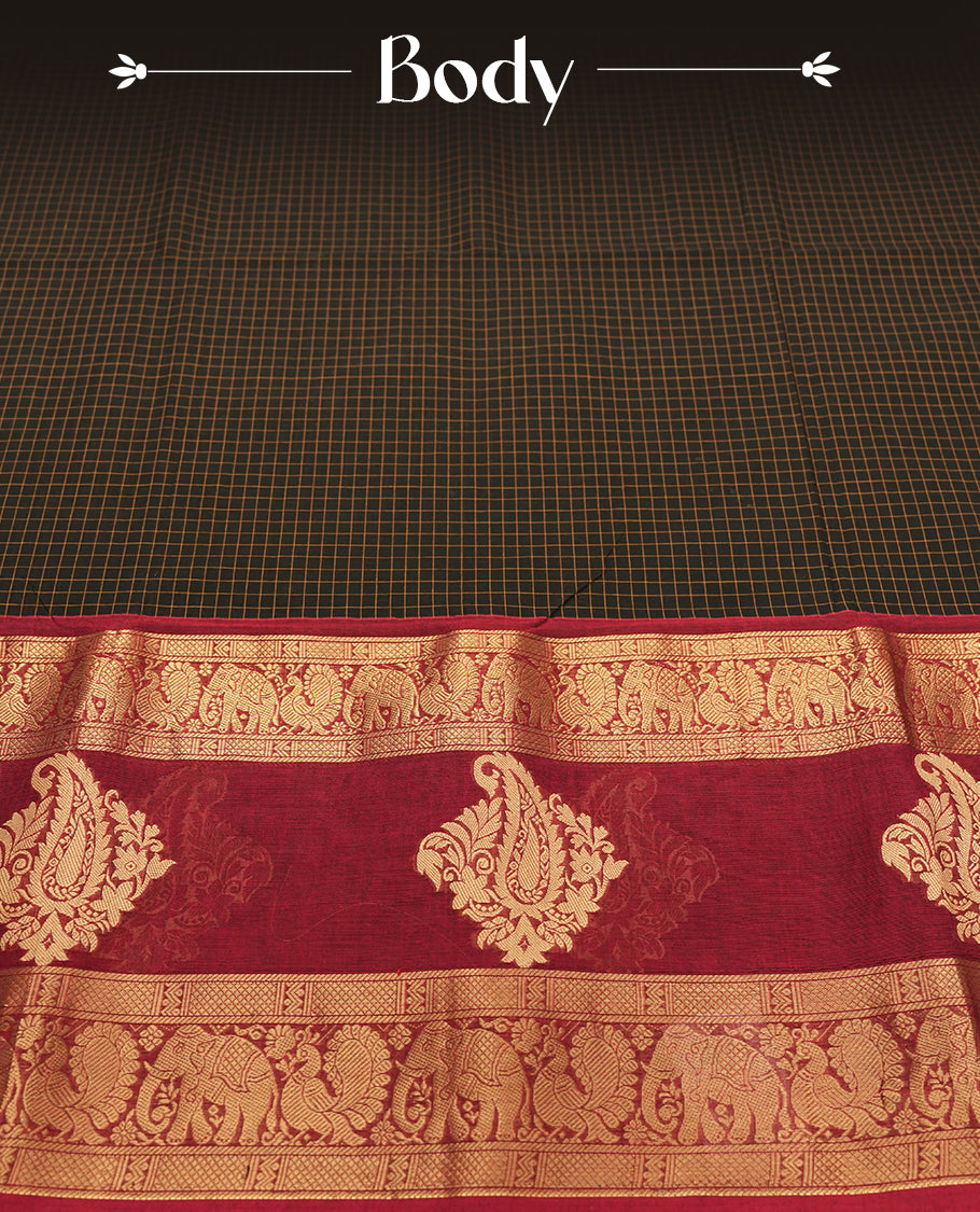 Maroon colour Silk Cotton Saree with Antique Gold Zari Borders Showcasing Elephant and Peacock Motifs, Subtle Self-Weave on the Body, and a Coordinated Matching Blouse Piece