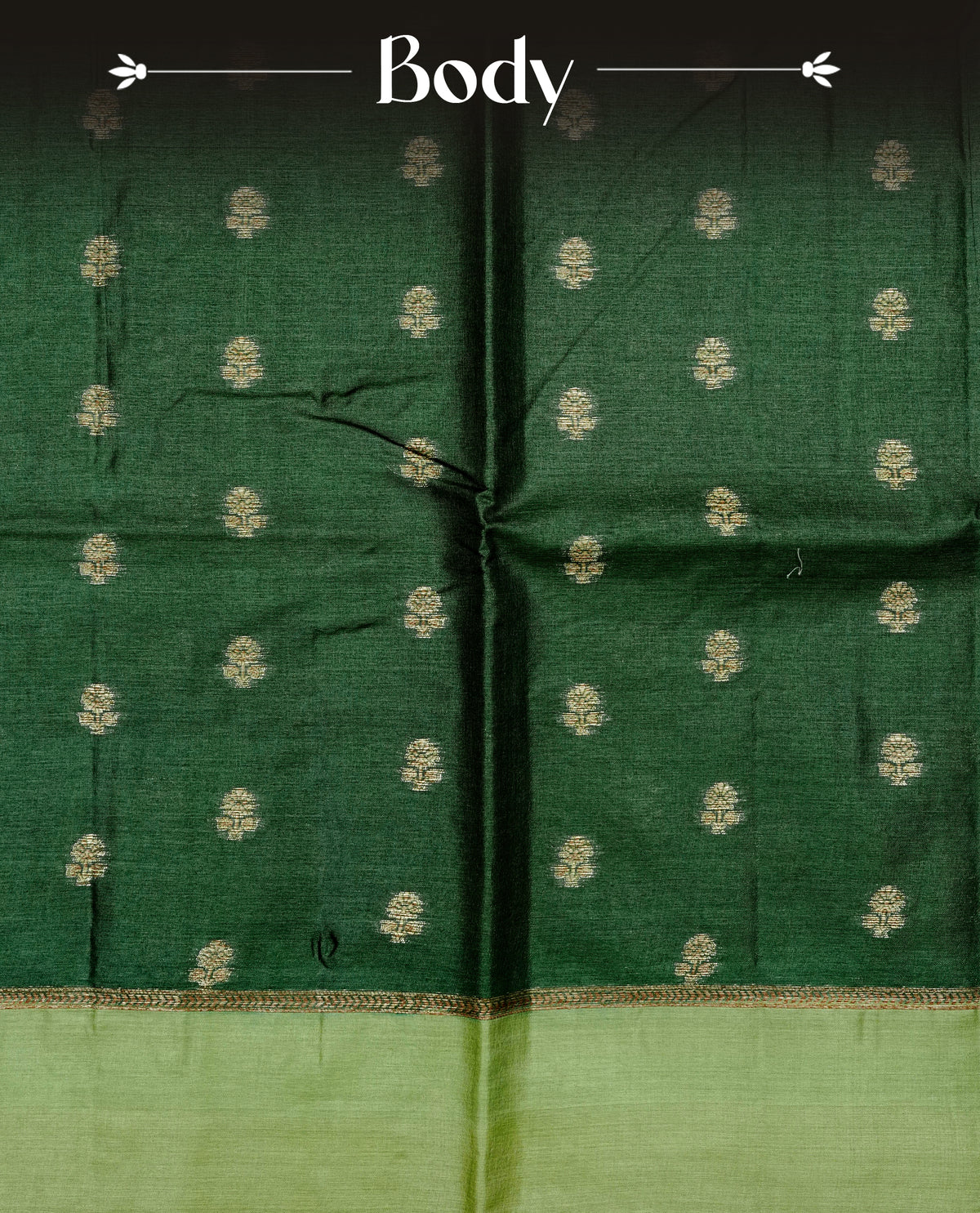 Dark green colour banaras silk saree featuring Gold zari buttas on body, complemented by contrast Light green colour border, comes with matching blouse piece.