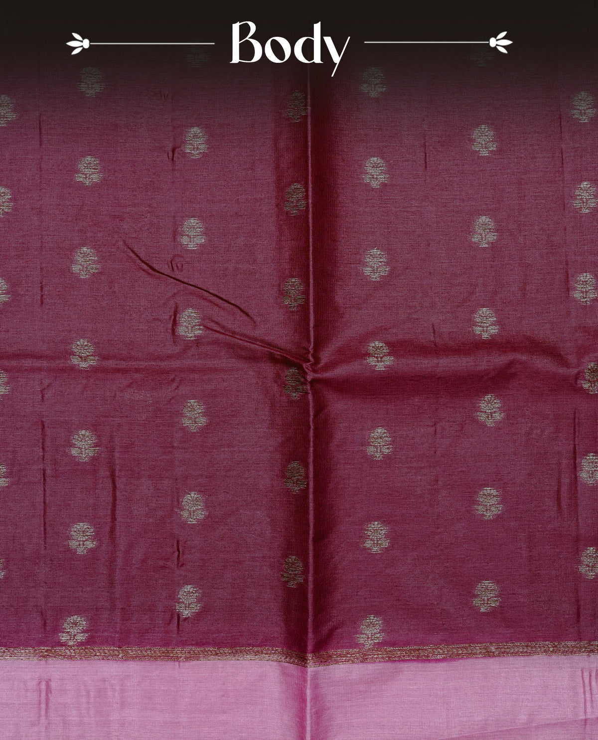 Grape colour banaras silk saree featuring Gold zari buttas on body, complemented by contrast light pink colour border, comes with matching blouse piece.