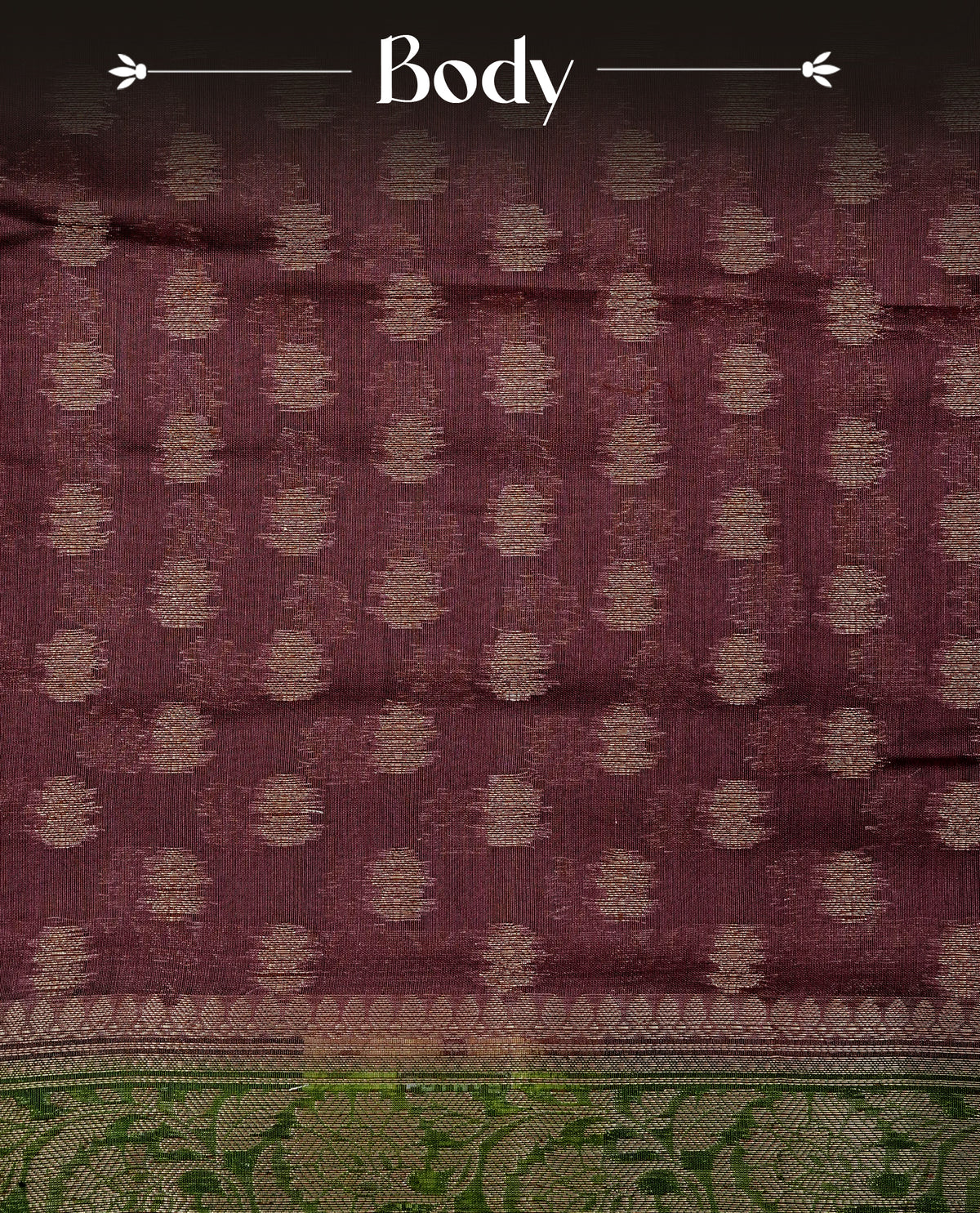 Brown colour Banaras silk saree featuring gold zari buttas on body, complemented by contrast Green colour border, comes with matching blouse piece.