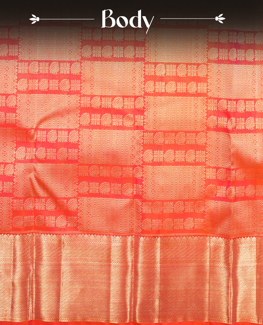 Orange colour Kanchipuram Samudrika Silk Saree featuring Square & bird pattern weaving with gold zari jacquard and a traditional zari border, paired with a matching designer jacquard blouse piece