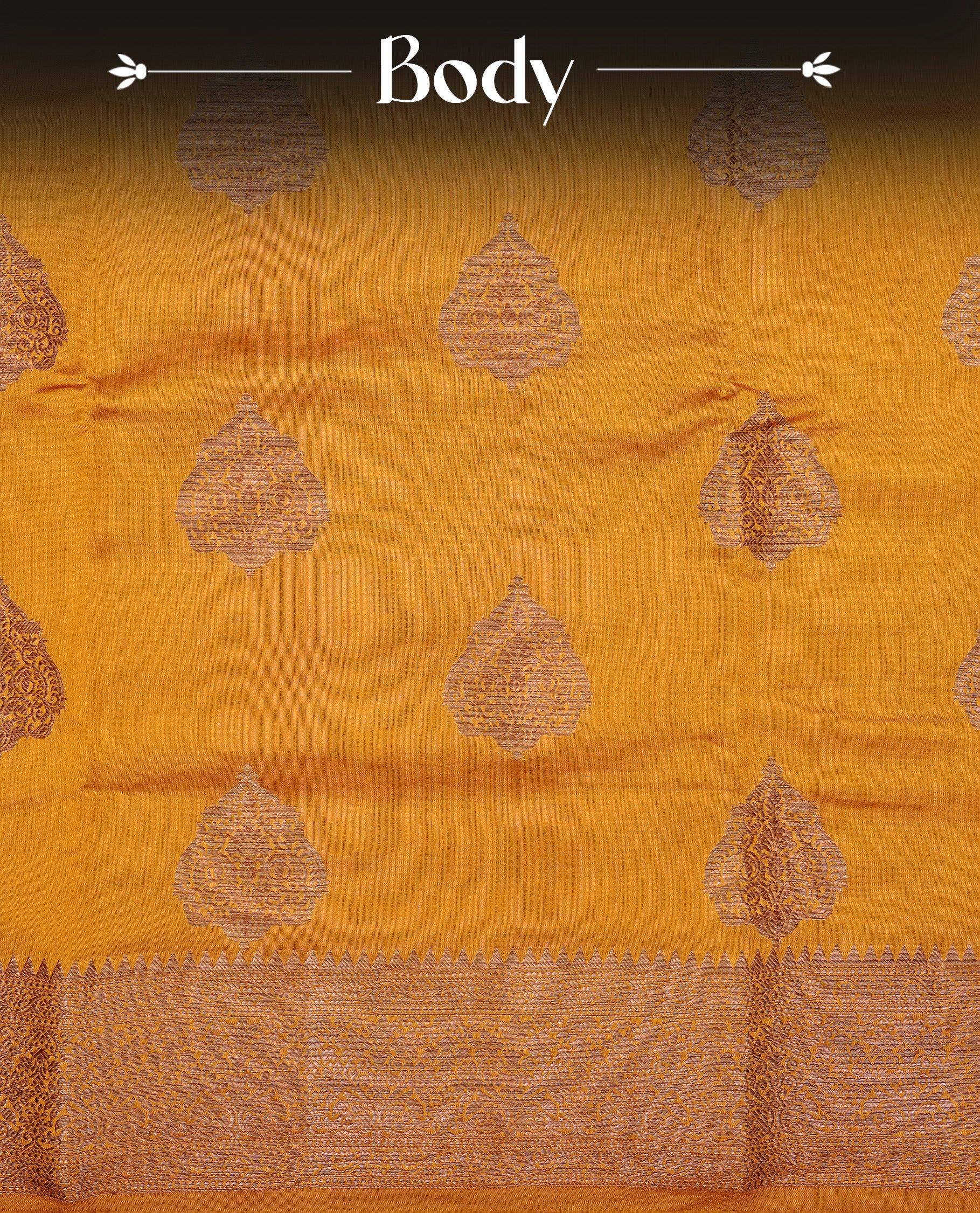 Mustard Colour Pure Banaras Soft Silk saree featuring Antique Zari buttas in body, complemented by zari work on self colour border, paired with matching Blouse Piece.