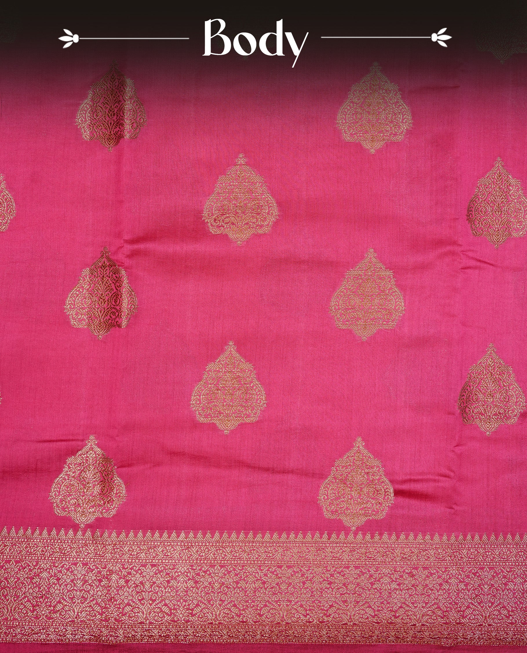 Magenta Colour Pure Banaras Soft Silk saree featuring Antique Zari buttas in body, complemented by zari work on self colour border, paired with matching Blouse Piece.