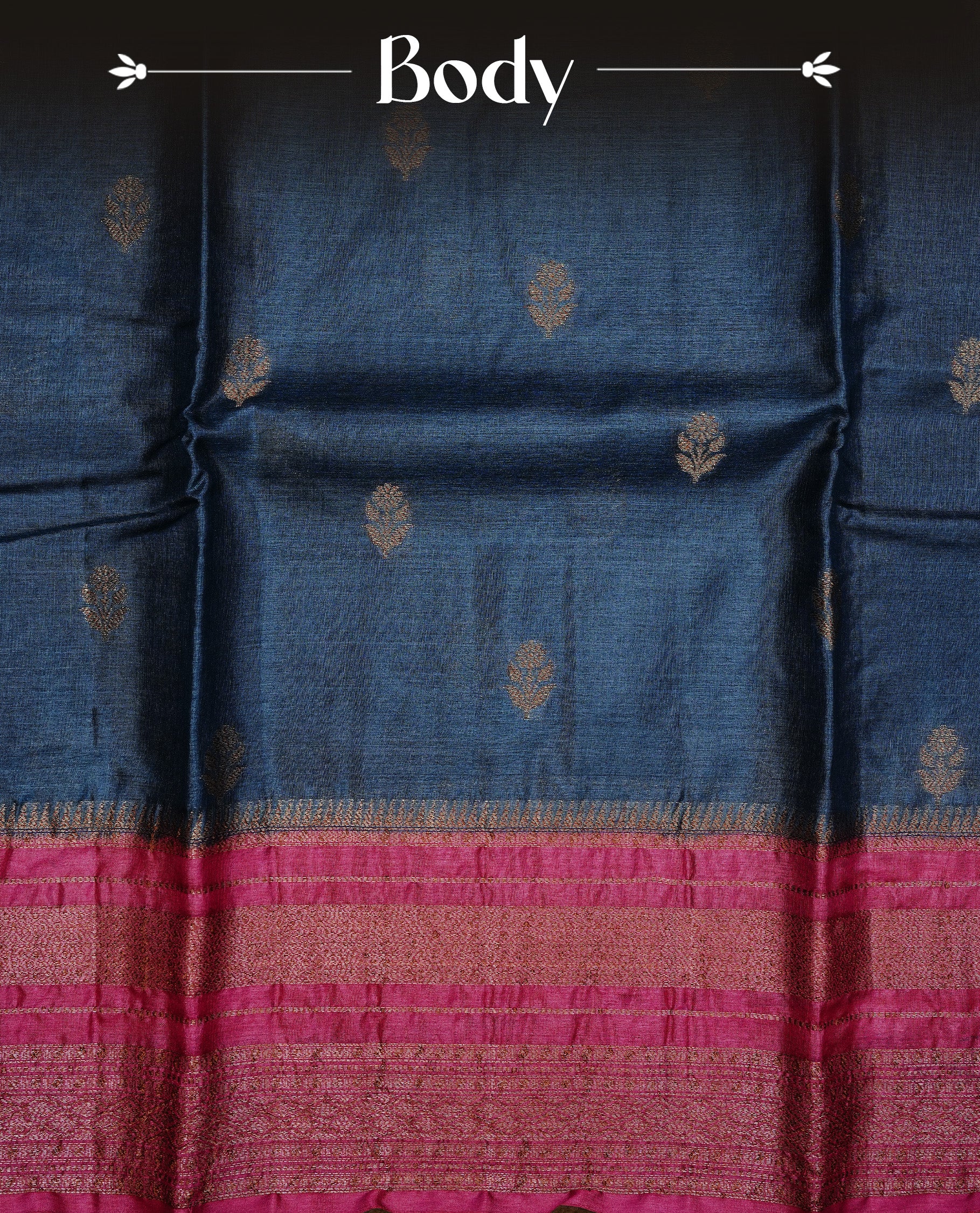 Blue colour Pure Banaras Tussar silk saree Featuring Gold zari buttas on body, complemented by Contrast Magenta colour with zari border, paired with matching blouse piece.
