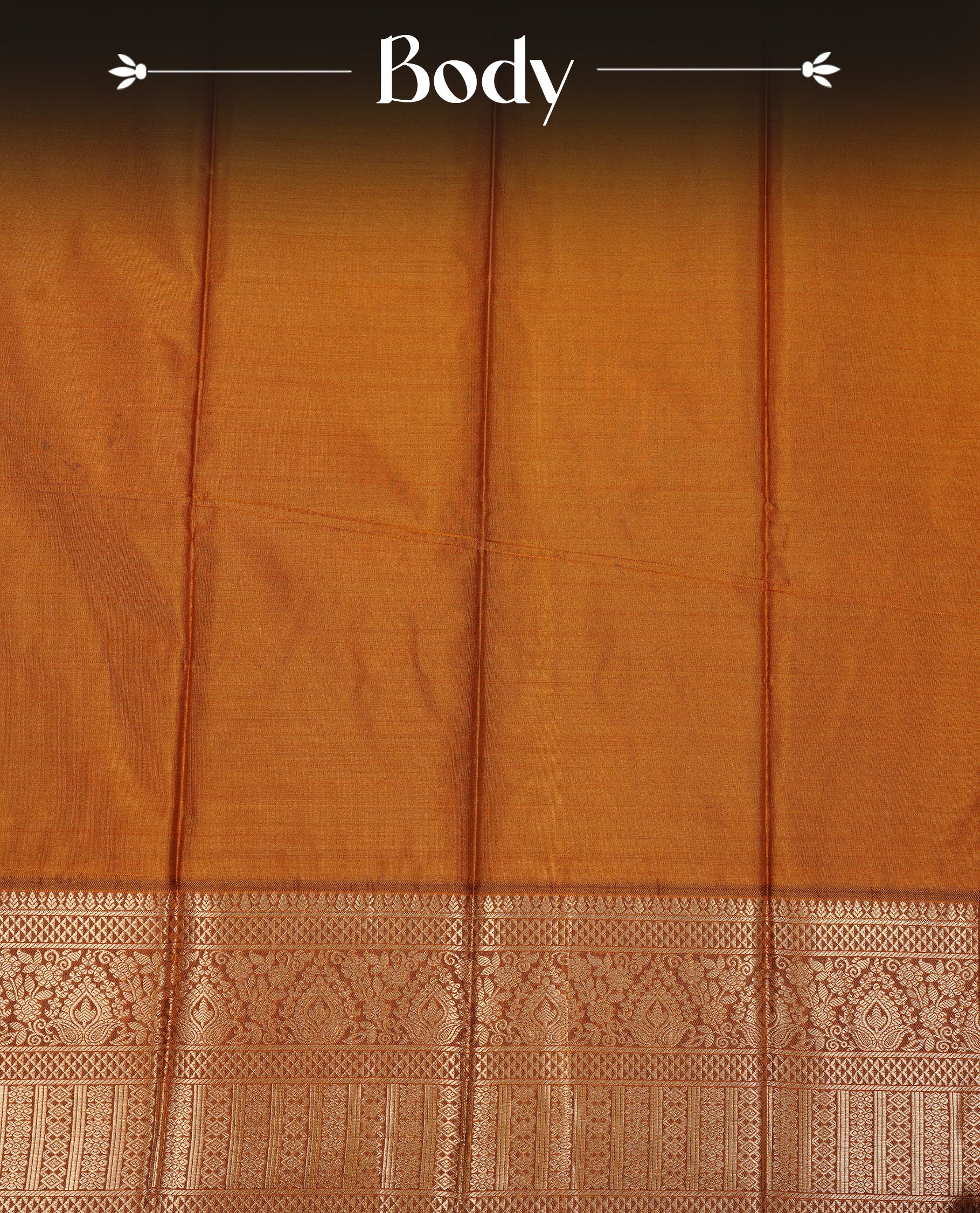 Dark chocolate colour Semi silk saree Featuring gold zari motifs on body, complemented by contrast Mustard colour with gold zari border, paired with matching blouse piece.