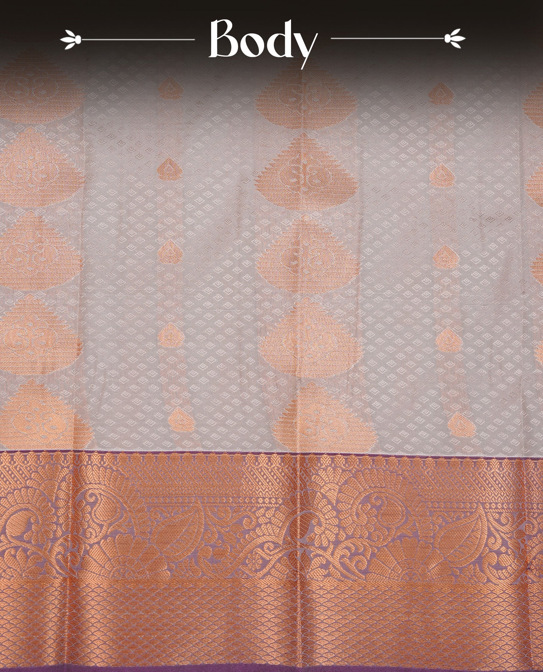 Grey colour Semi silk saree Featuring gold zari motifs on body, complemented by contrast Purple colour with gold zari border, paired with matching blouse piece.