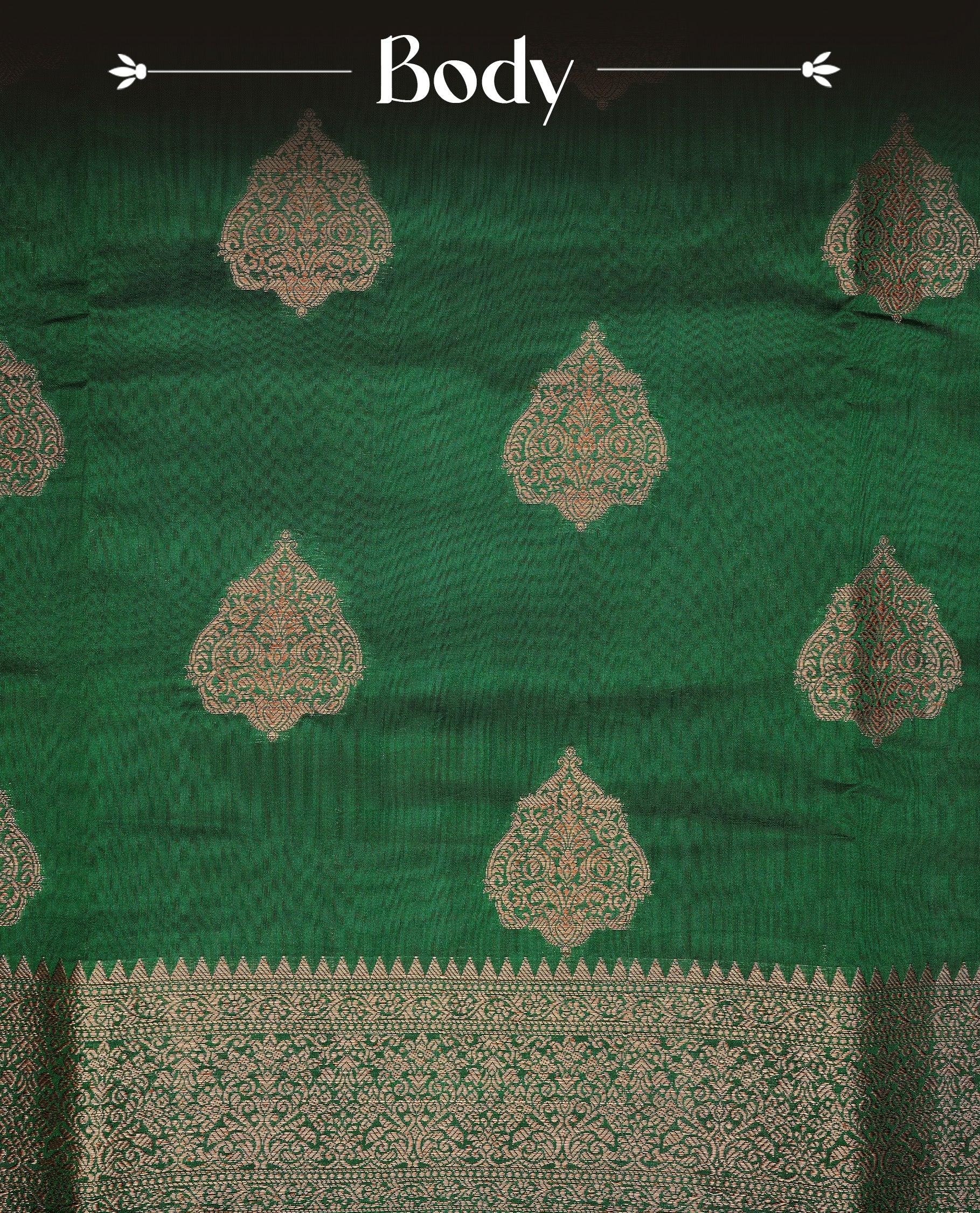 Green Colour Pure Banaras Soft Silk saree featuring Antique Zari buttas in body, complemented by zari work on self colour border, paired with matching Blouse Piece.