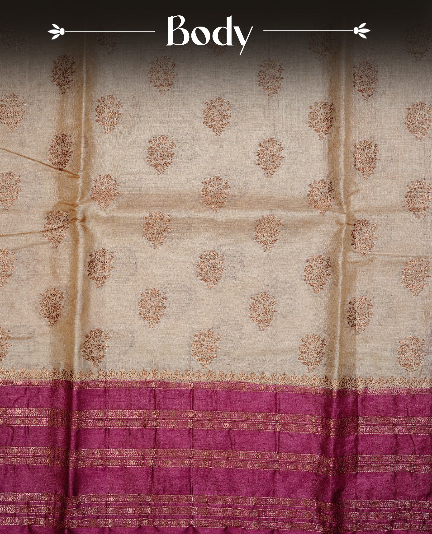 Golden Cream Colour Banaras tussar silk saree featuring Antique zari Motifs on body, Complemented by Magenta colour variant with zari border, paired with matching blouse Piece.
