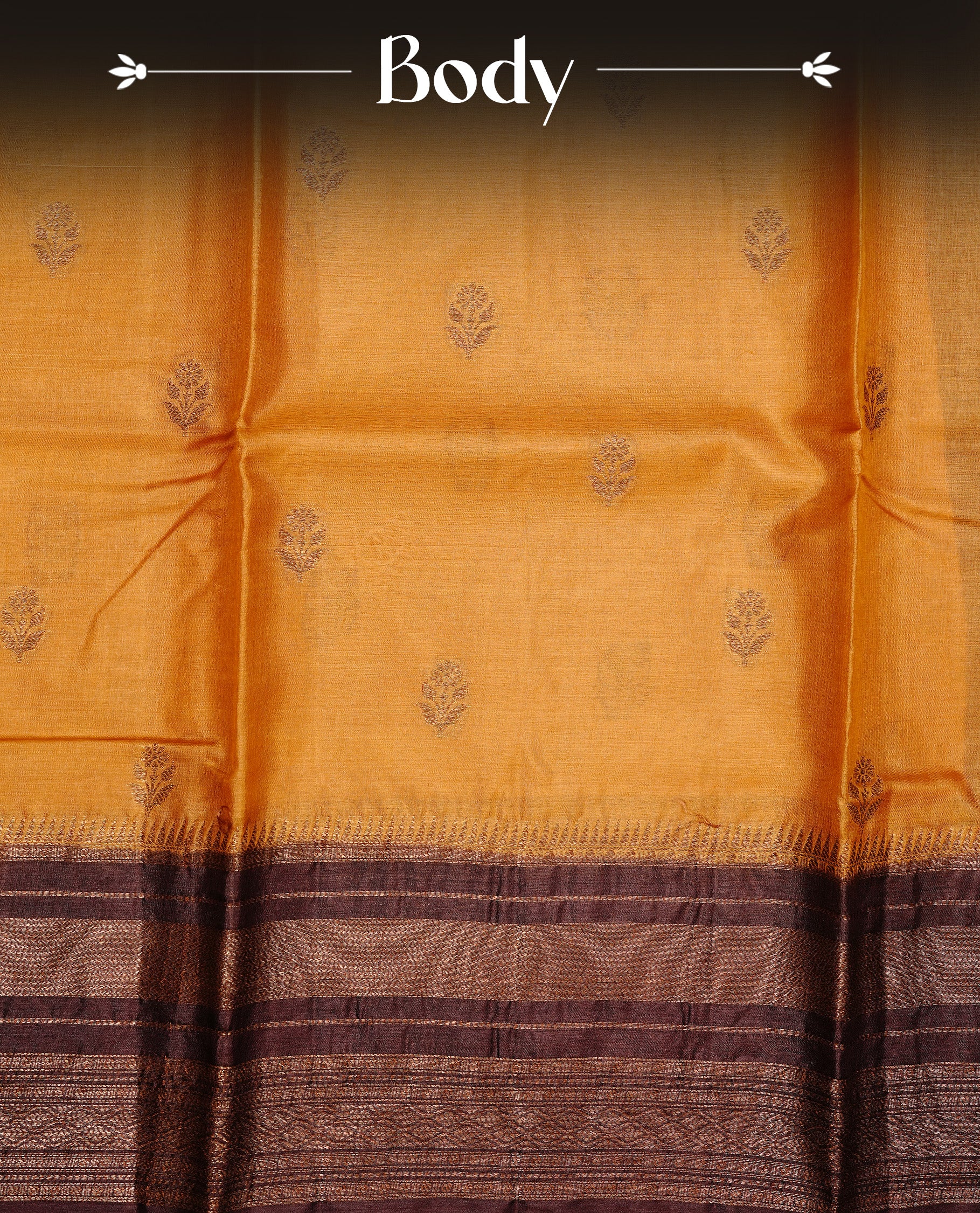 Mustard colour Pure Banaras Tussar silk saree Featuring Gold zari buttas on body, complemented by Contrast Chocolate colour with zari border, paired with matching blouse piece.
