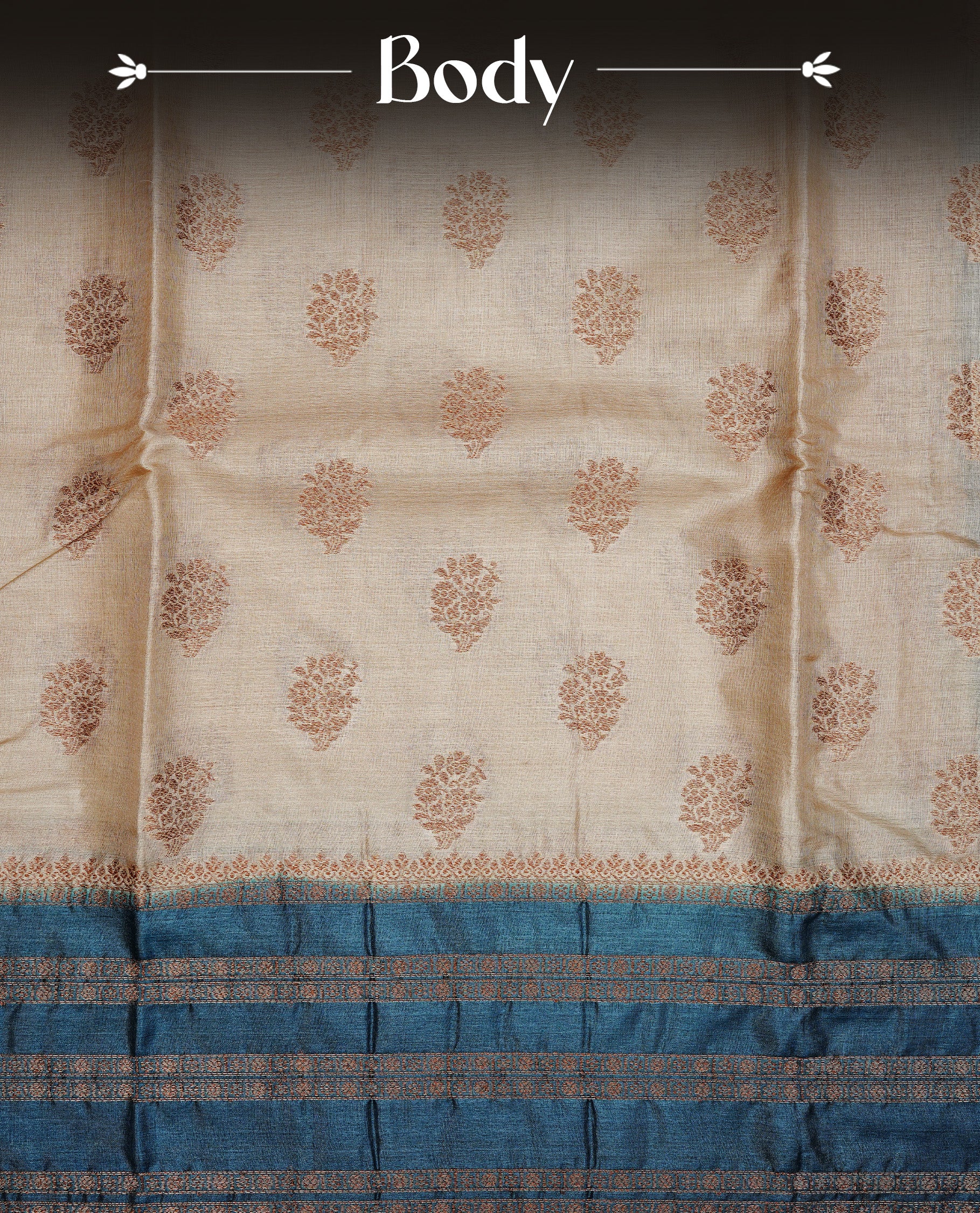 Golden Cream Colour Banaras tussar silk saree featuring Antique zari Motifs on body, Complemented by Blue colour variant with zari border, paired with matching blouse Piece.
