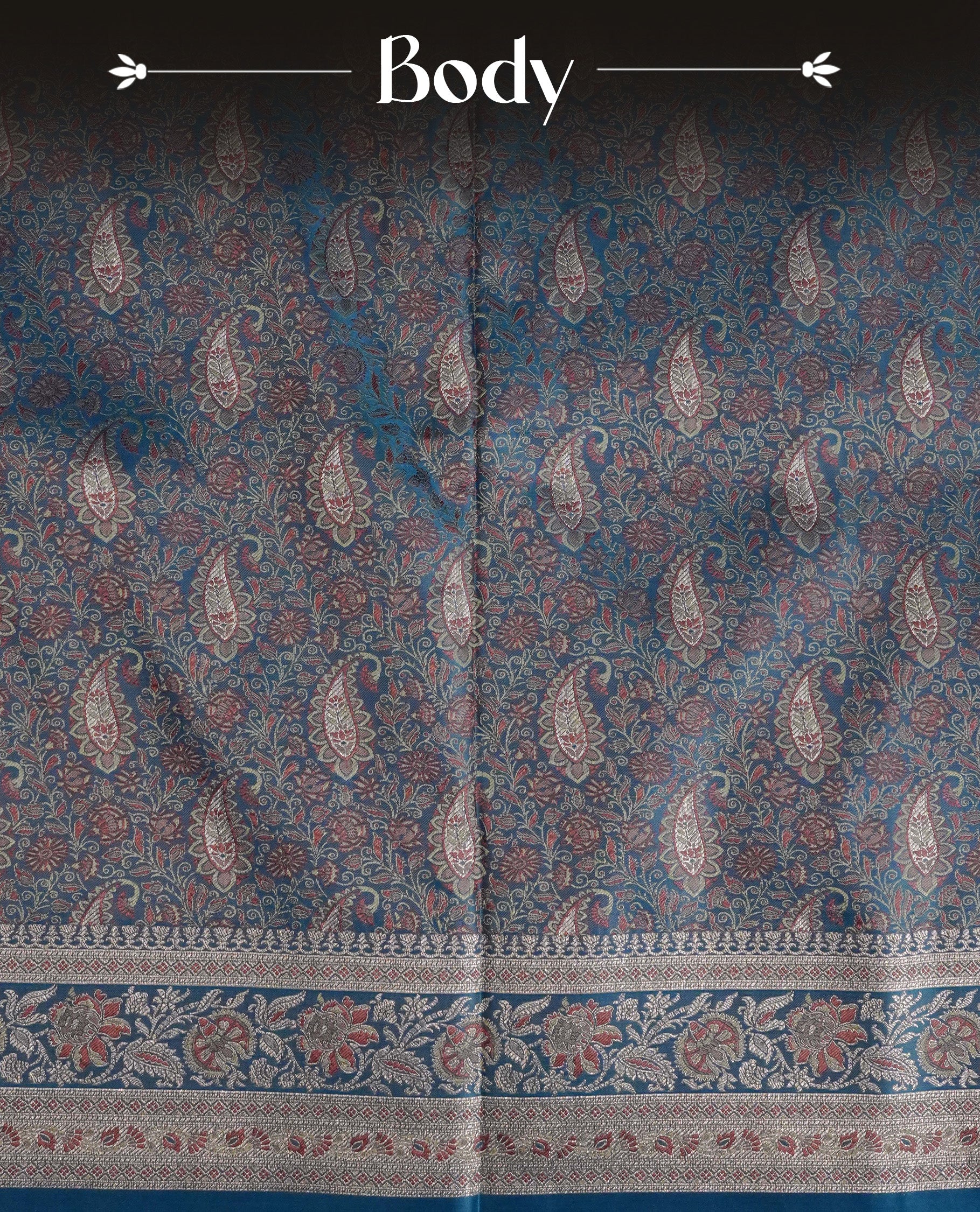Teal colour Mulberry silk saree featuring gold zari Mango & floral kodi pattern across body, complemented by self colour border with gold zari work, comes with matching blouse piece.