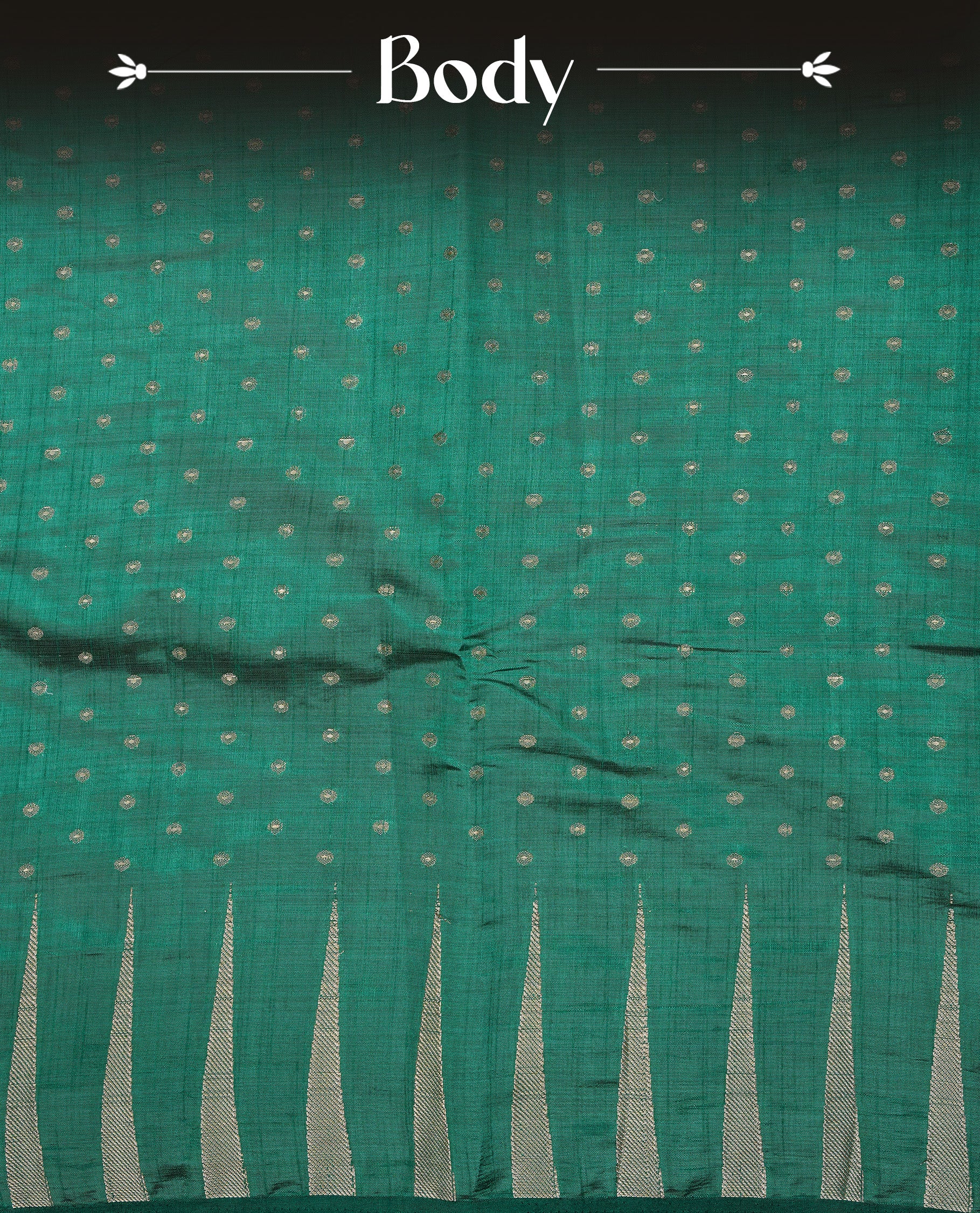 Cadmium green colour semi tussar silk saree featuring gold zari dot motifs all over the body, highlighted by a self colour border with intricate gold zari temple patterns. Comes paired with a matching blouse piece.