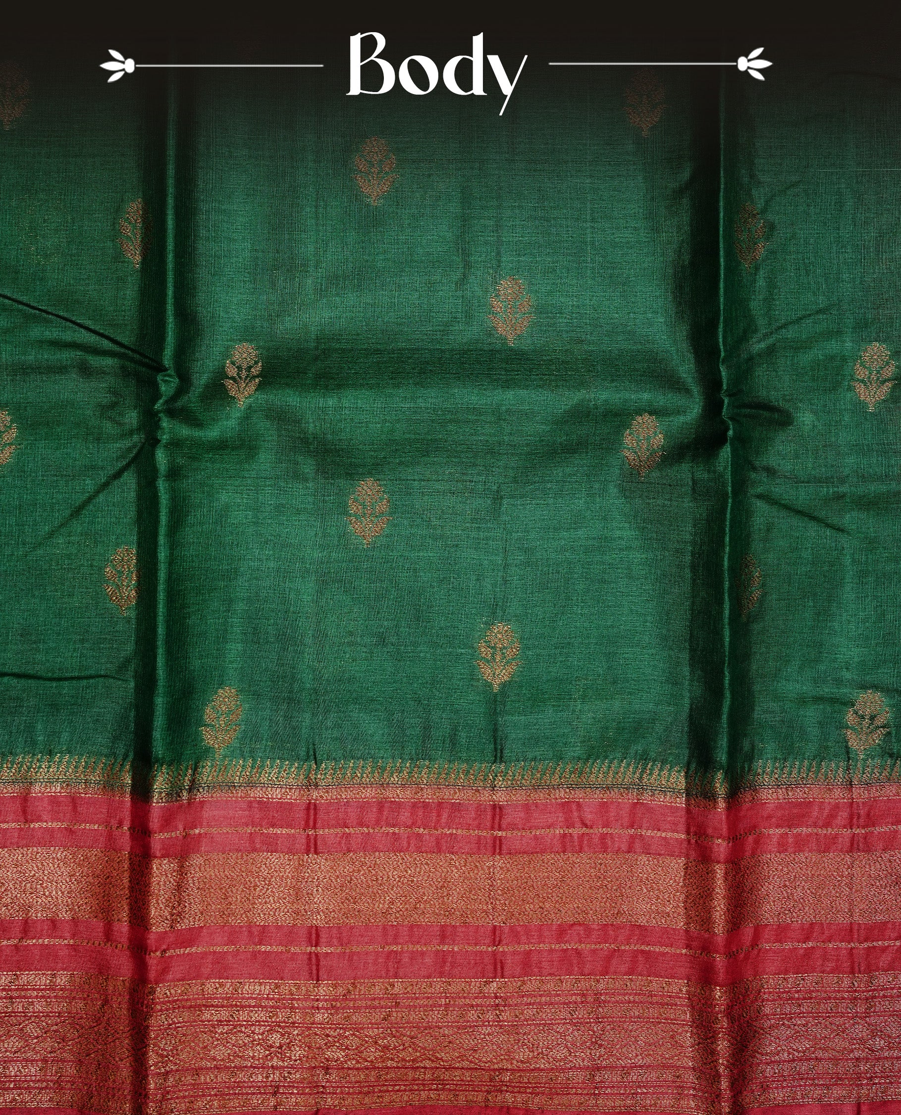 Green colour Pure Banaras Tussar silk saree Featuring Gold zari buttas on body, complemented by Contrast Red colour with zari border, paired with matching blouse piece.