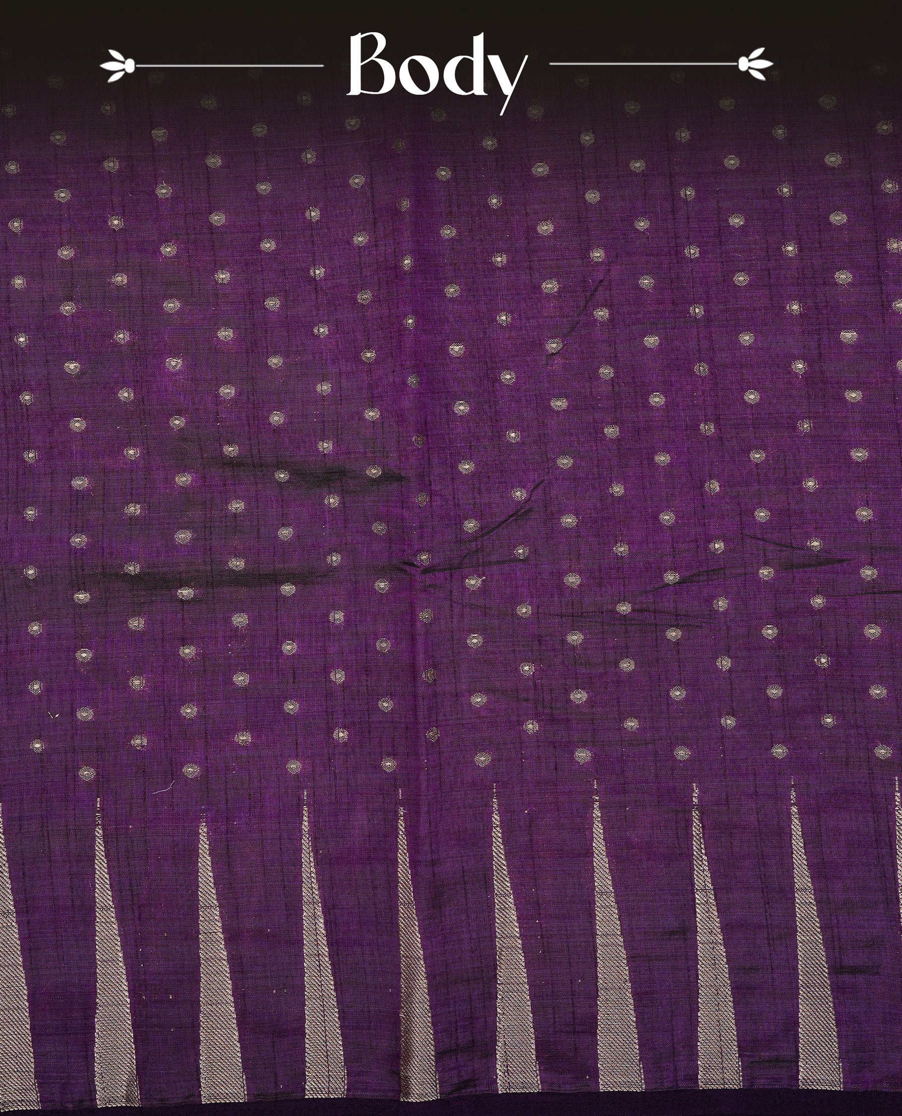 Purple colour semi tussar silk saree featuring gold zari dot motifs all over the body, highlighted by a self colour border with intricate gold zari temple patterns. Comes paired with a matching blouse piece.