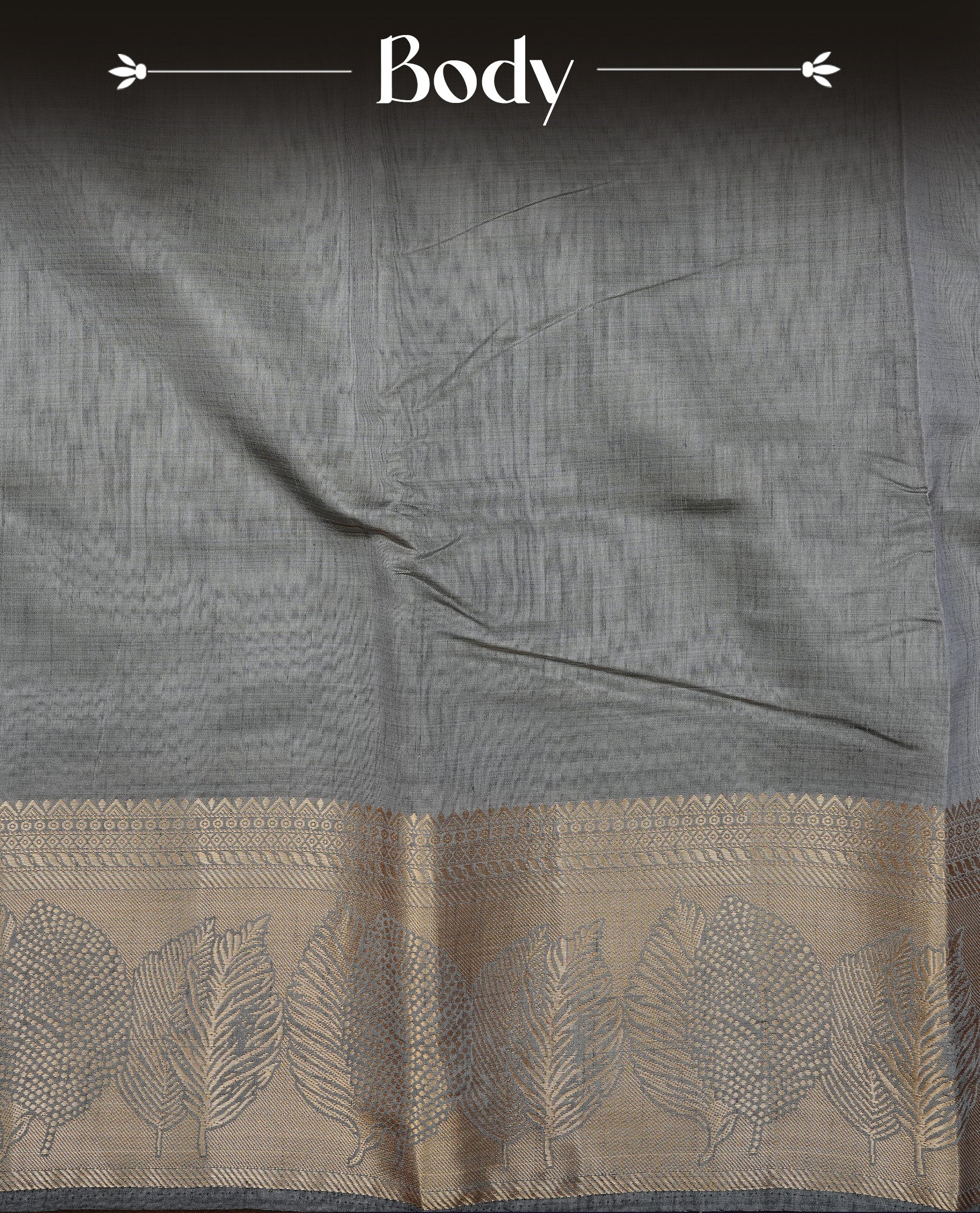 Gray colour semi tussar silk saree featuring an elegant plain body with traditional gold zari detailed border for a refined look. Comes paired with a matching blouse piece.