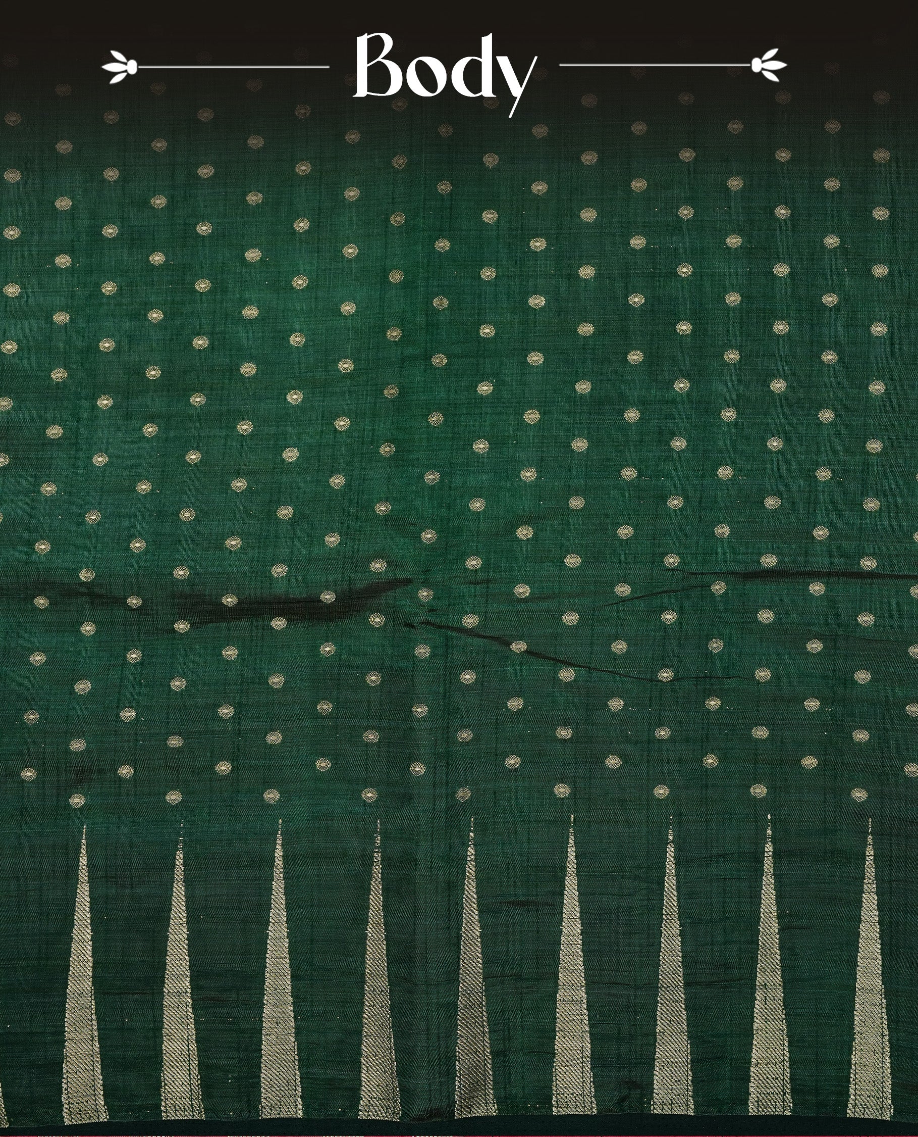 Green colour semi tussar silk saree featuring gold zari dot motifs all over the body, highlighted by a self colour border with intricate gold zari temple patterns. Comes paired with a matching blouse piece.