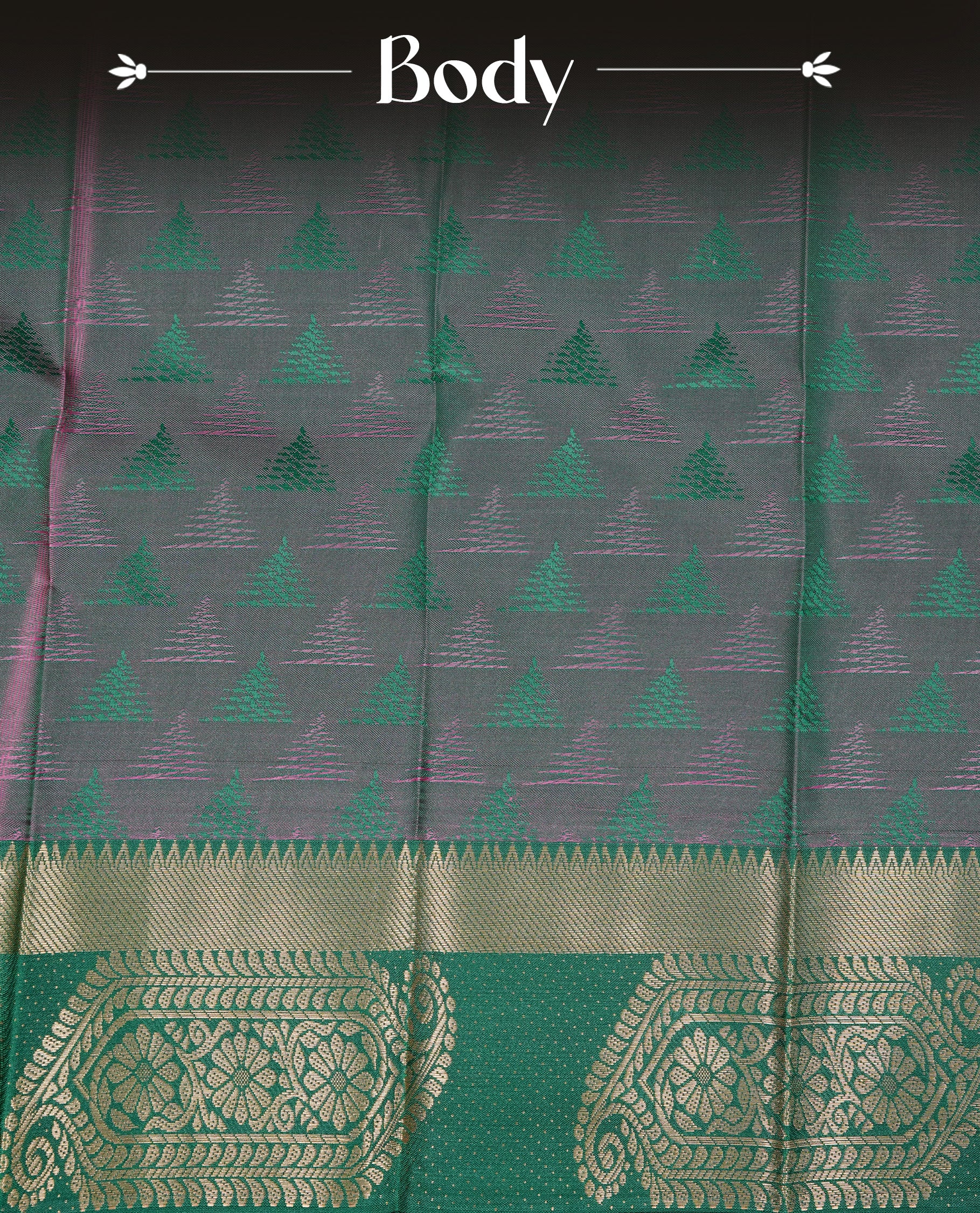 Baby pink colour Semi silk saree Featuring self colour zari motifs on body, complemented by contrast green colour with gold zari border, paired with matching blouse piece.