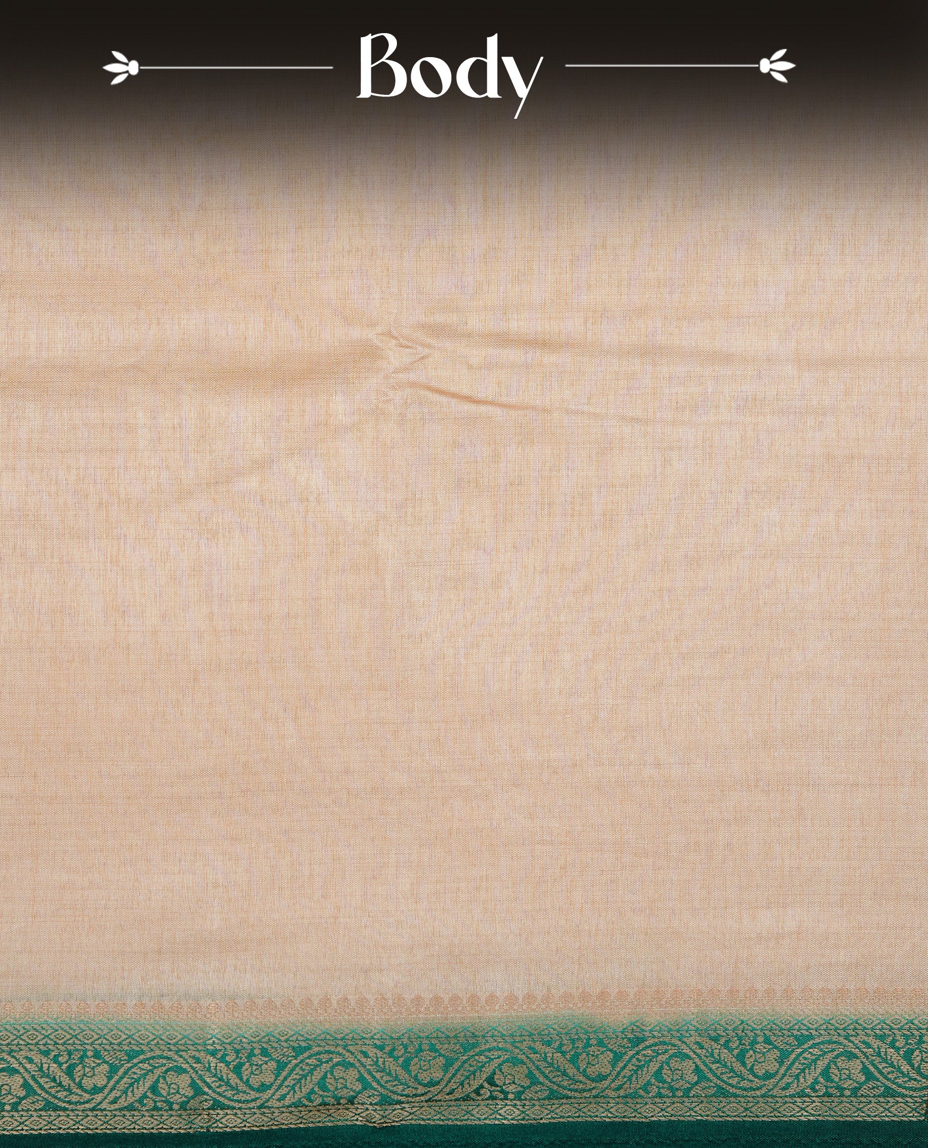 Cream colour Semi Tussar silk saree featuring an elegant plain body, accentuated by a contrast Green border adorned with intricate gold floral kodi zari work, paired with a matching blouse piece.
