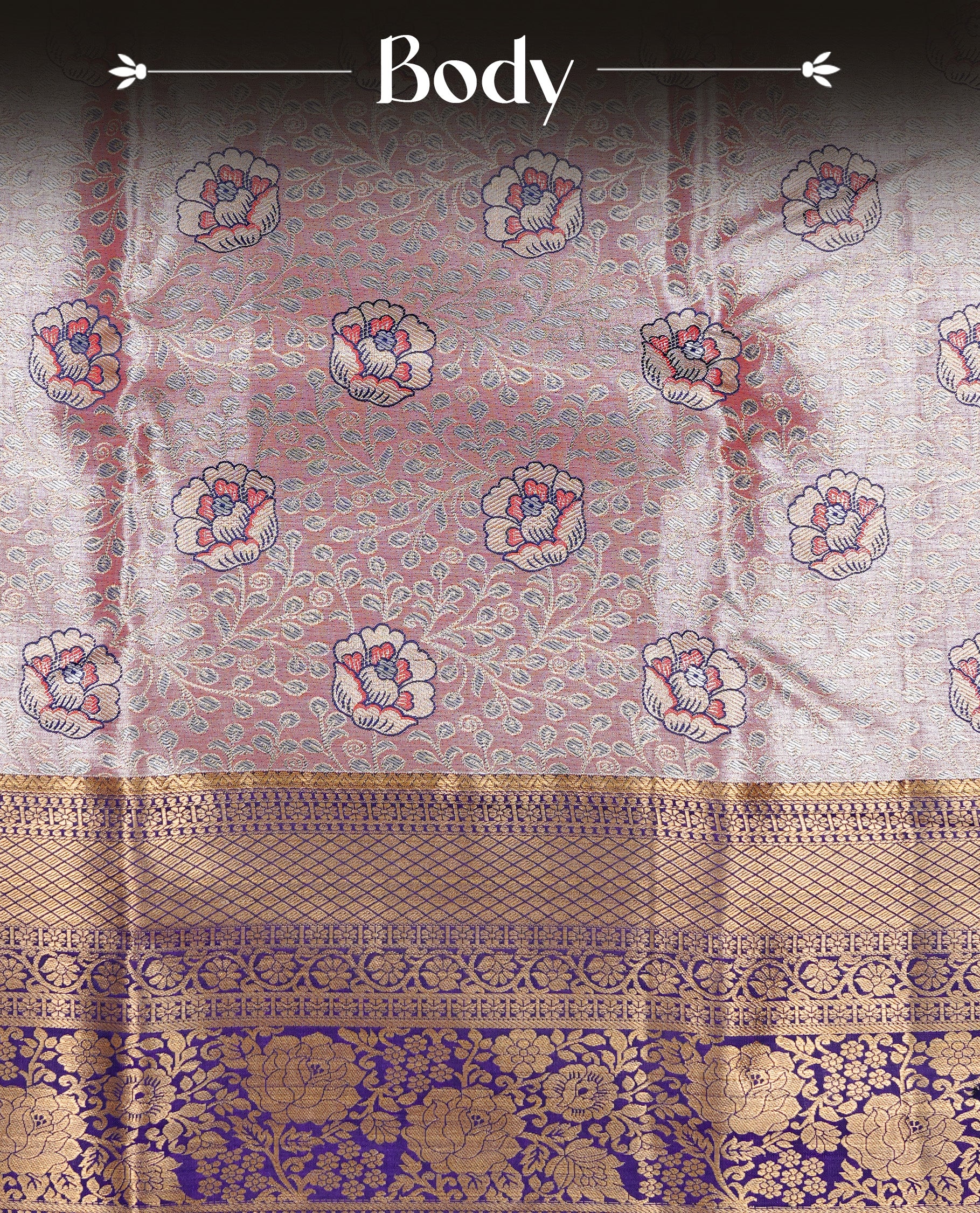 Pink colour tissue silk saree featuring Gold, Blue & silver zari kodi pattern on body, complemented by contrast violet colour with traditional border, paired with matching blouse piece.