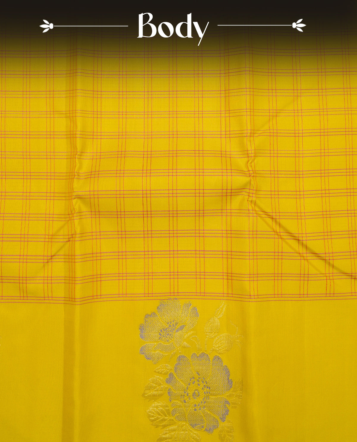 Yellow colour Traditional kancheepuram silk saree featuring Pink zari check on body, complemented by self colour with Gold & Blue zaro floral motifs on border, comes with matching blouse piece.