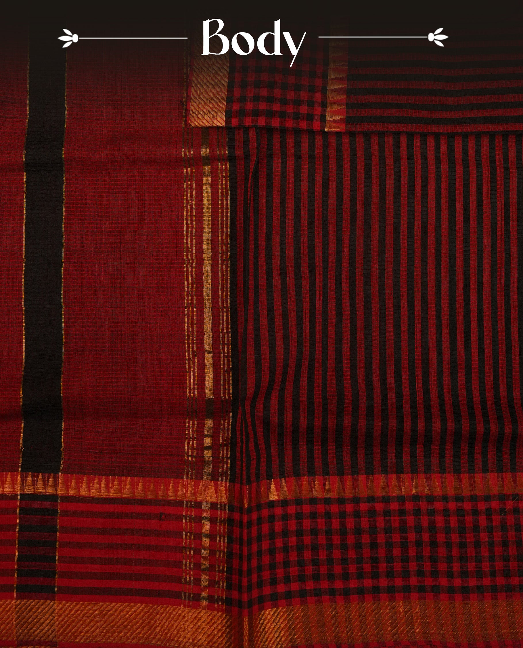 Dark Red  Mangalagiri cotton saree featuring elegant Black stripes On Body , Complemented by Contrast Check Pattern , Gold  zari border & Contrast  pallu, Paired With a matching blouse piece.