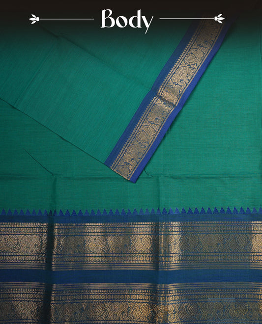 Teal Green colour chettinad cotton saree featuring  Plain body, complemented by Contrast Blue Colour With Traditional Gold Zari border, paired with matching blouse piece.