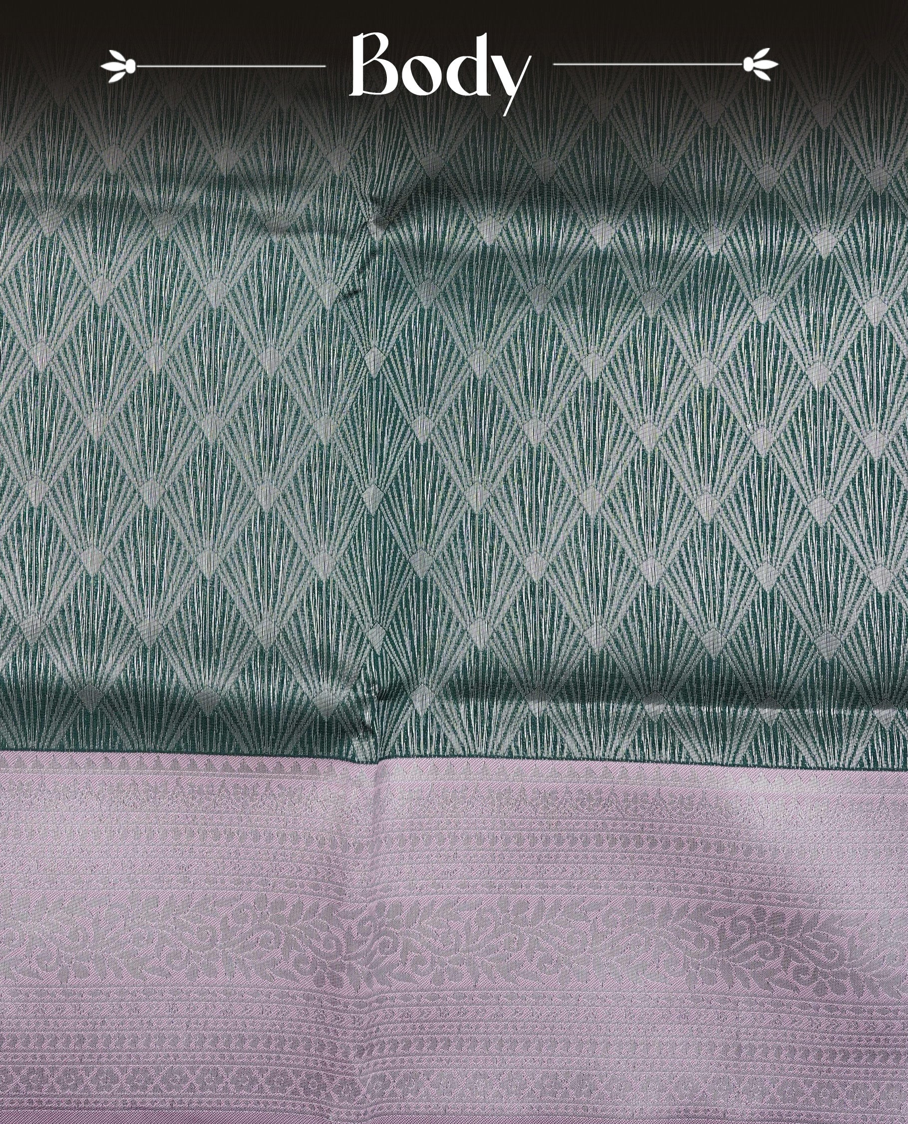 Green colour semi silk saree featuring Silver zari Design pattern on body, complemented by contrast Pink colour with silver zari border, comes with matching blouse piece