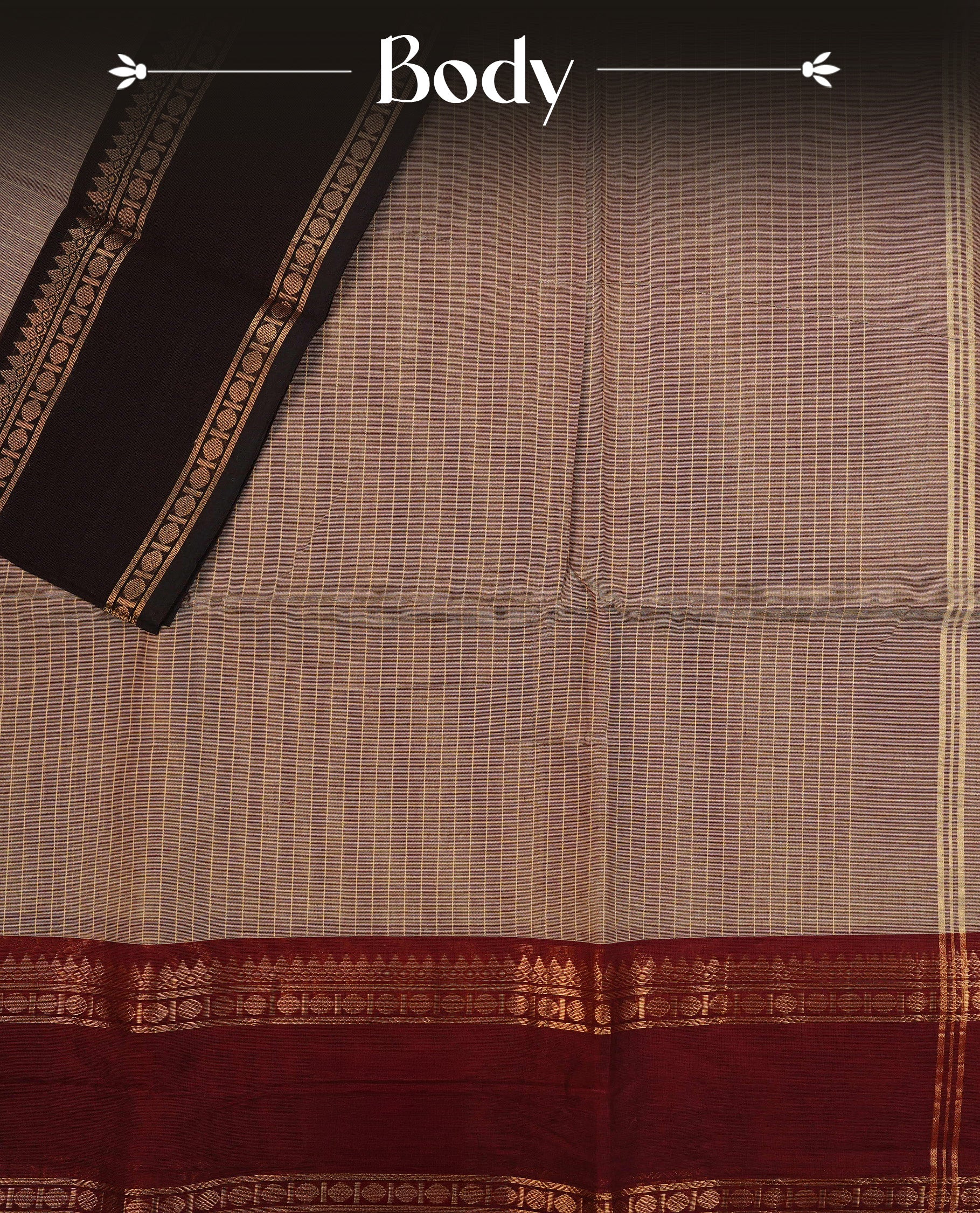 Brownish Grey colour chettinad cotton saree featuring  Gold Stripes  on body, complemented by Contrast Maroon Colour With Gold Zari border, paired with matching blouse piece.