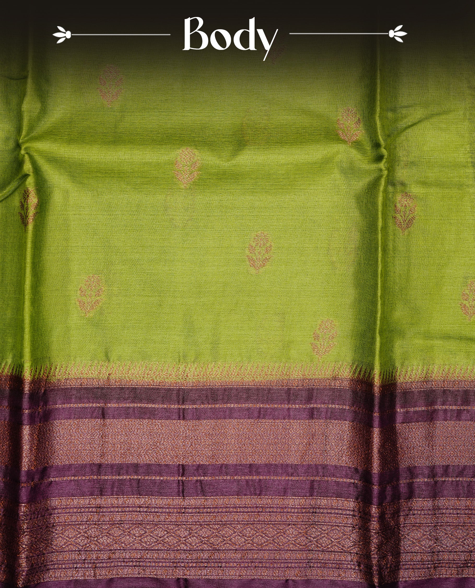 Olive Green colour Pure Banaras Tussar silk saree Featuring Gold zari buttas on body, complemented by Contrast Dark Brown colour with zari border, paired with matching blouse piece.