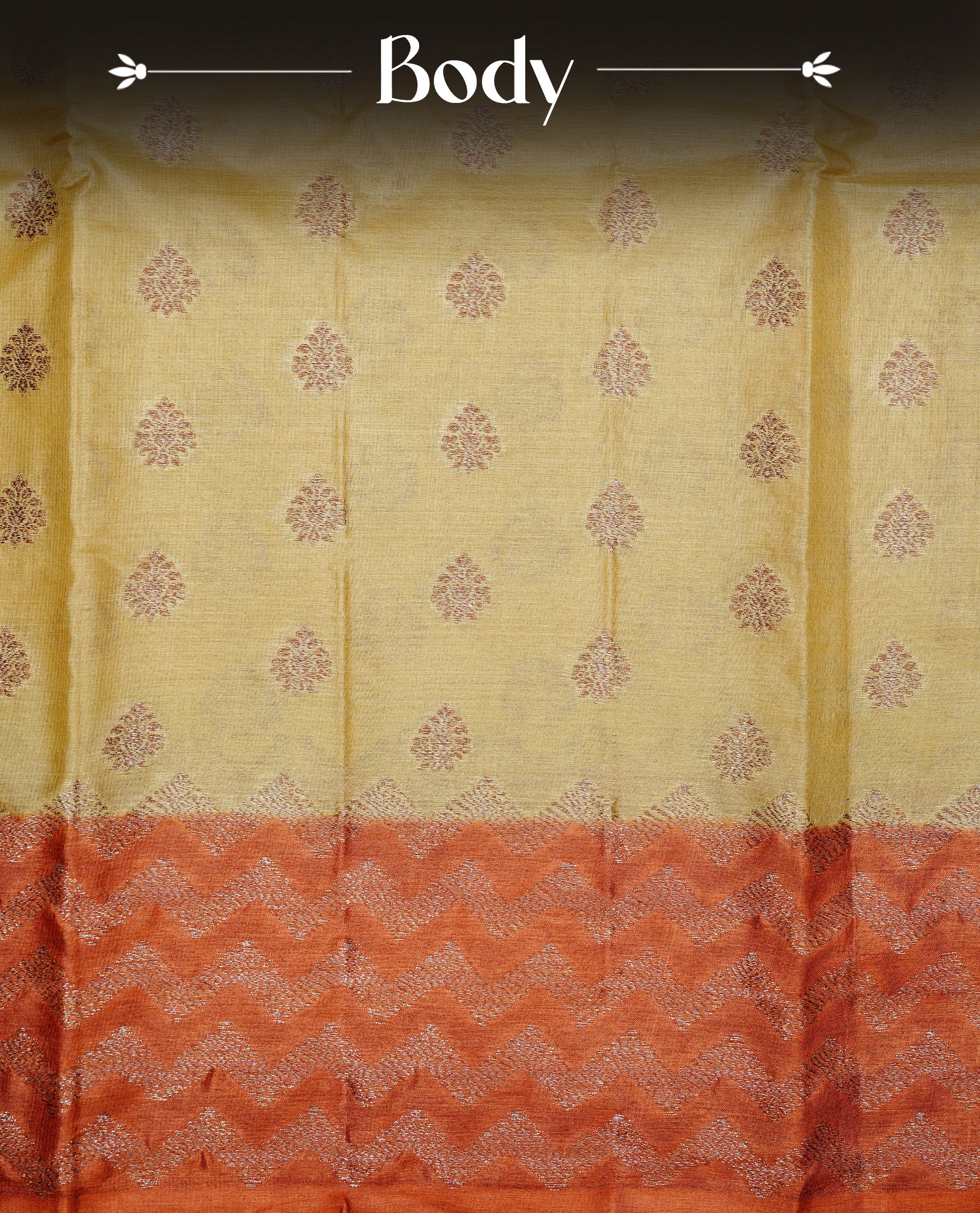 Pale Yellow Colour Tussar silk saree featuring Antique Zari motifs on body, Finished with contrast Orange colour Zigzag zari pattern border, paired with matching blouse piece.