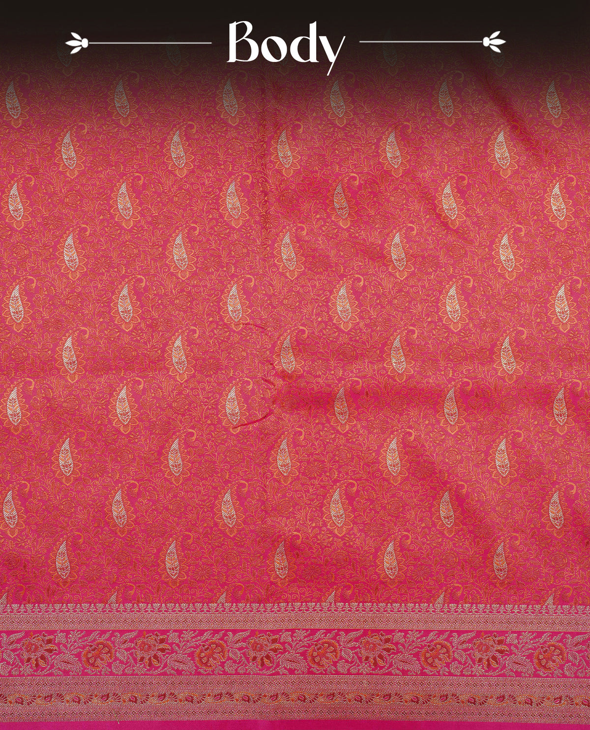 Rani pink colour Mulberry silk saree featuring gold zari Mango & floral kodi pattern across body, complemented by self colour border with gold zari work, comes with matching blouse piece.