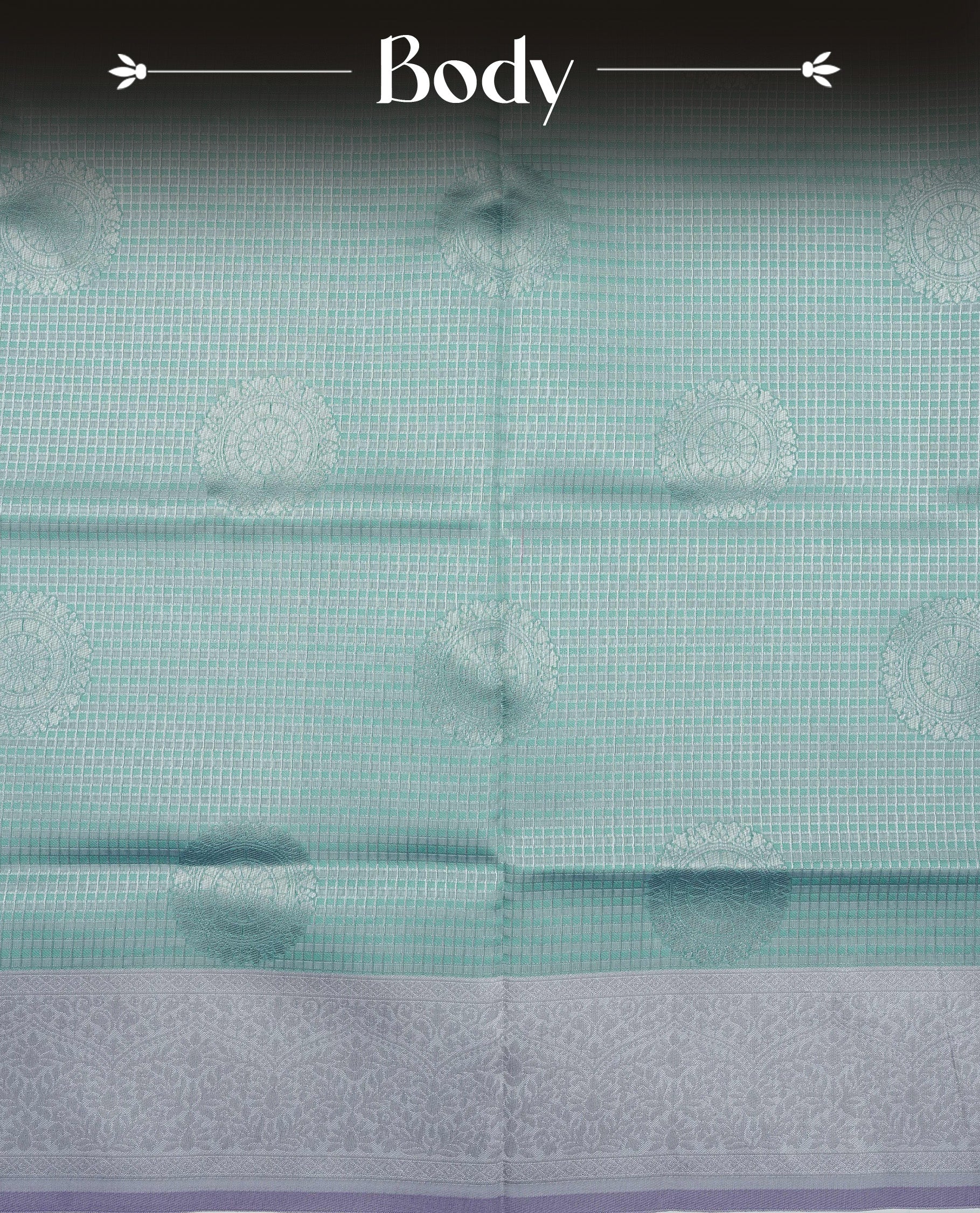 Aqua colour semi silk saree featuring Silver zari Small check pattern & motifs on body, complemented by contrast Lavender colour with silver zari border, comes with matching blouse piece.