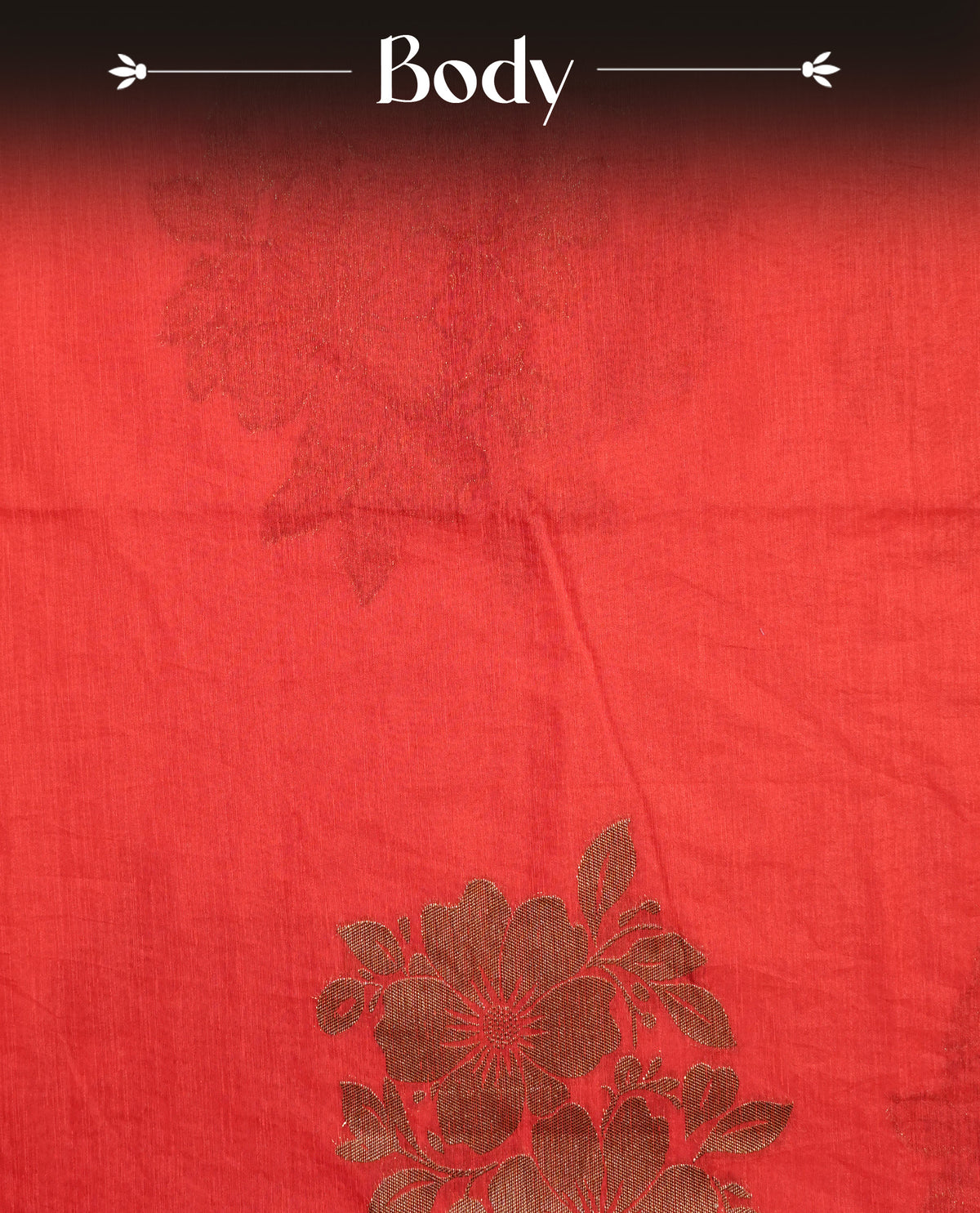 Red colour semi linen saree with elegant gold zari floral motifs across the body, complemented by a contrast colour grand gold zari pallu and a borderless design, paired with a matching blouse piece.