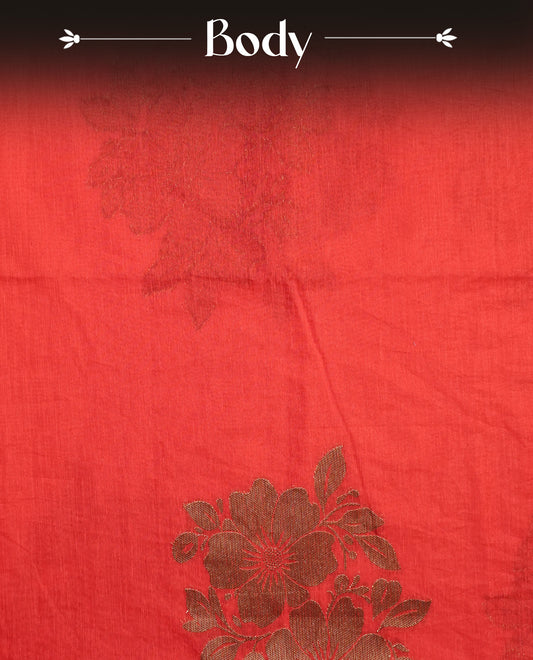 Red colour semi linen saree with elegant gold zari floral motifs across the body, complemented by a contrast colour grand gold zari pallu and a borderless design, paired with a matching blouse piece.