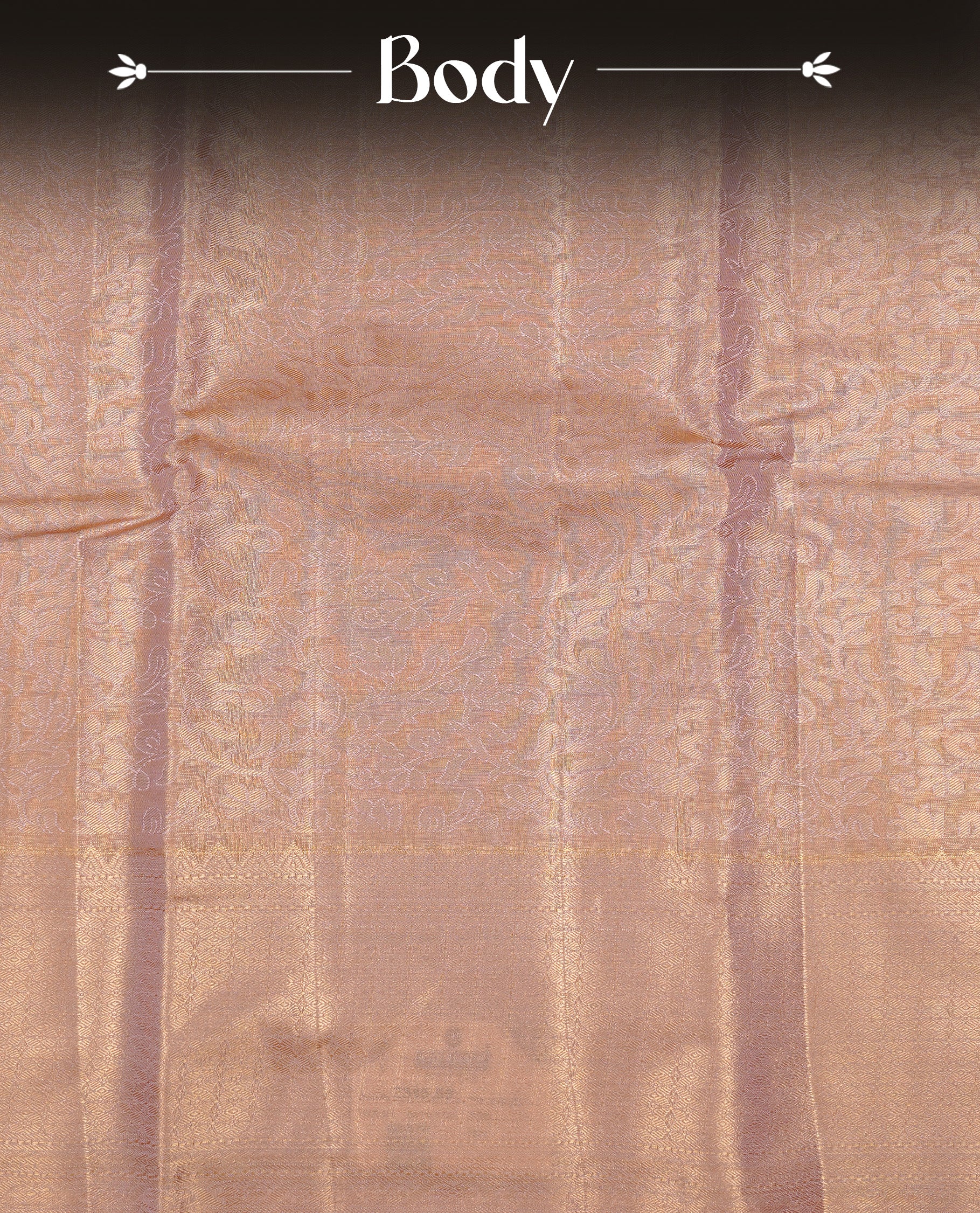 Peachy gold colour tissue silk saree featuring Self colour zari floral pattern on body, enhanced with traditional border on self colour , paired with Matching blouse piece.