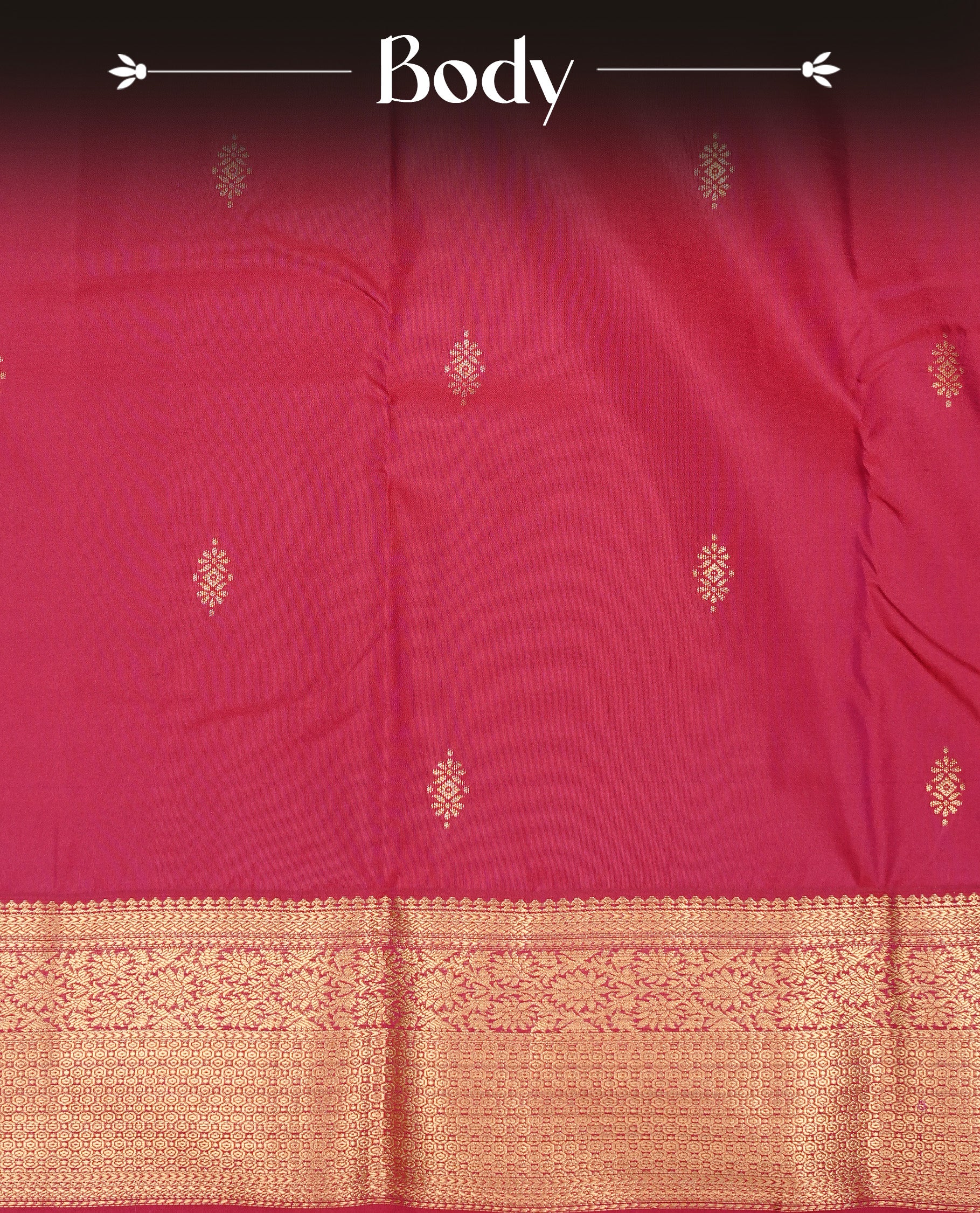 Burgundy Semi Wedding Silk Saree featuring Gold Zari Motifs On body, Complemented with traditional zari with Self colour border, paired with matching blouse piece.