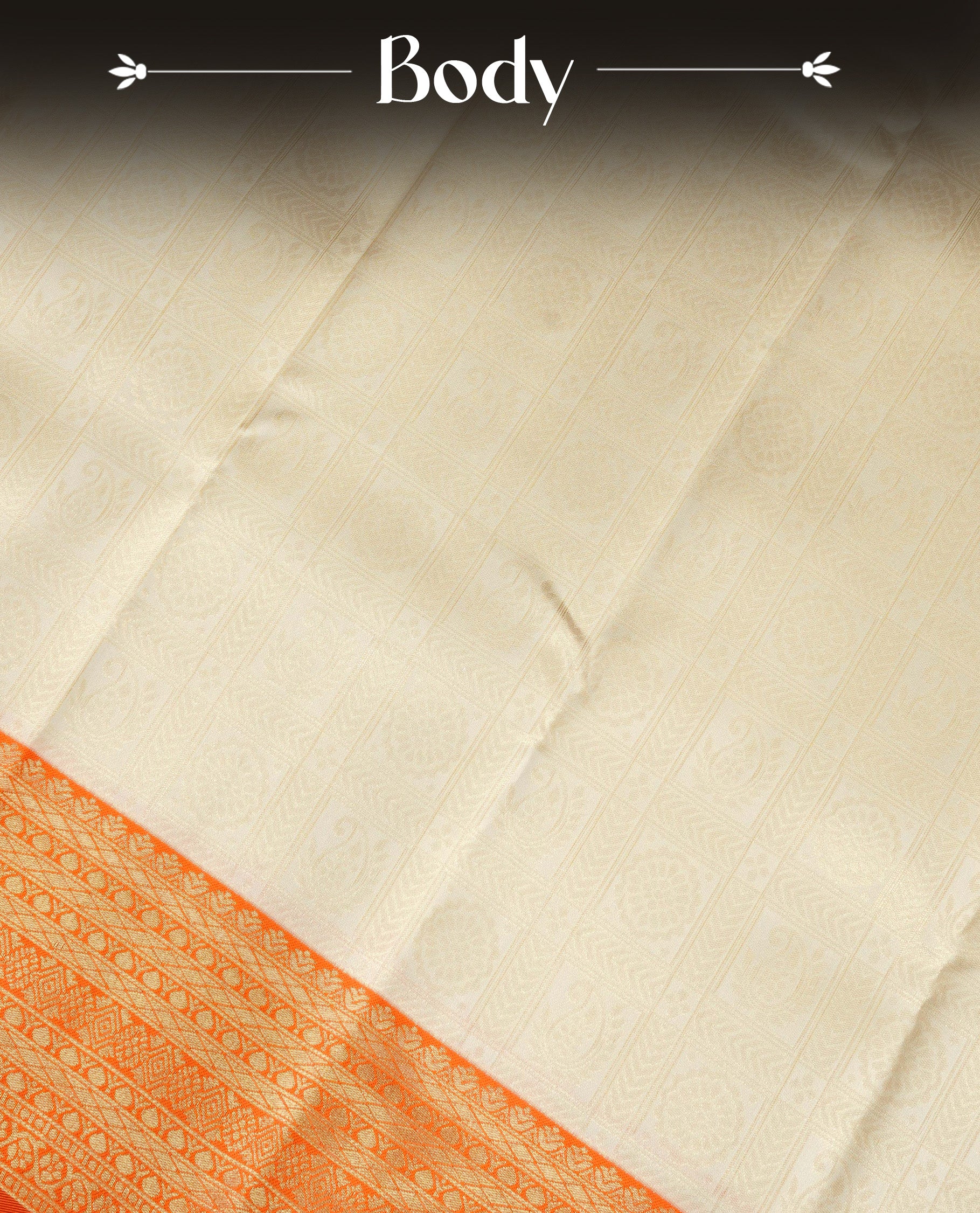 Cream Colour Semi Soft Silk Saree Featuring Gold zari Check With motifs Pattern On Body, Highlighted  by contrast Orange border with Gold zari, paired with matching blouse piece.