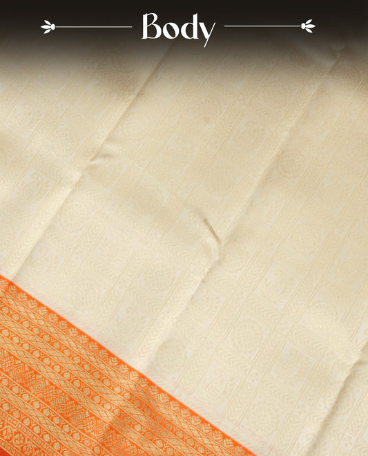 Cream Colour Semi Soft Silk Saree Featuring Gold zari Check With motifs Pattern On Body, Highlighted  by contrast Orange border with Gold zari, paired with matching blouse piece.