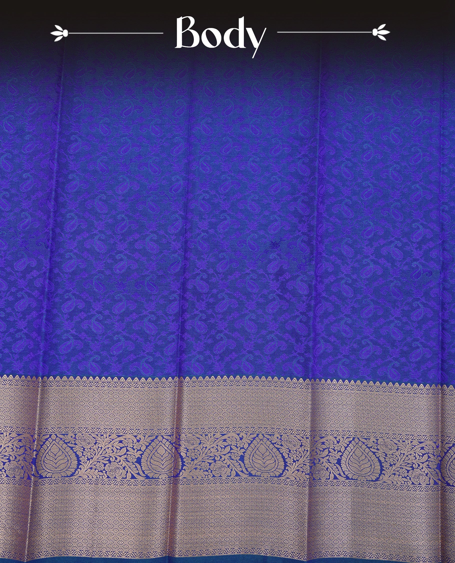 Indigo colour Semi silk saree Featuring selfcolour zari pattern on body, complemented by contrast Teal colour with gold zari border, paired with matching blouse piece.