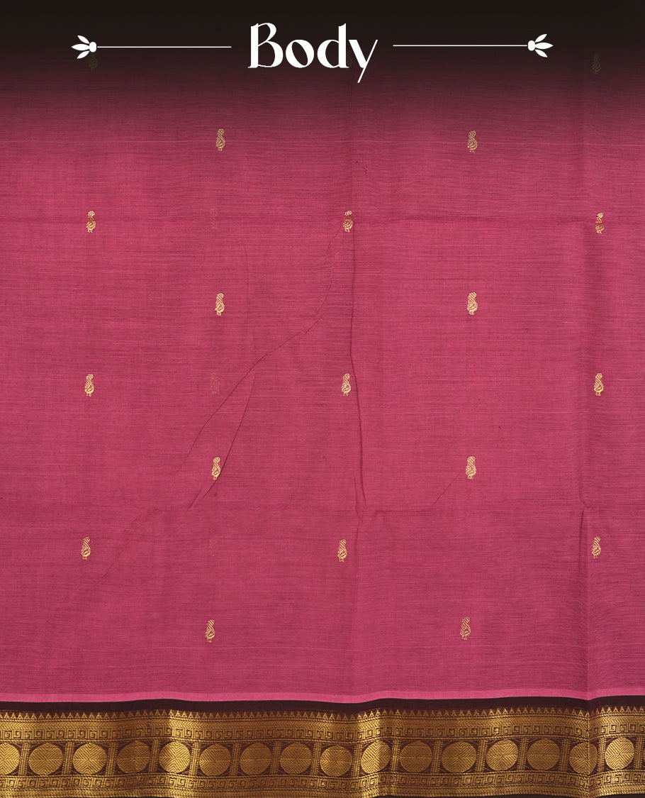 Magenta and Dark wine colour Chettinad cotton saree adorned with a single small woven motif on the body, highlighted by a golden zari border featuring circular patterns and intricate detailing & Paired with a matching blouse piece.
