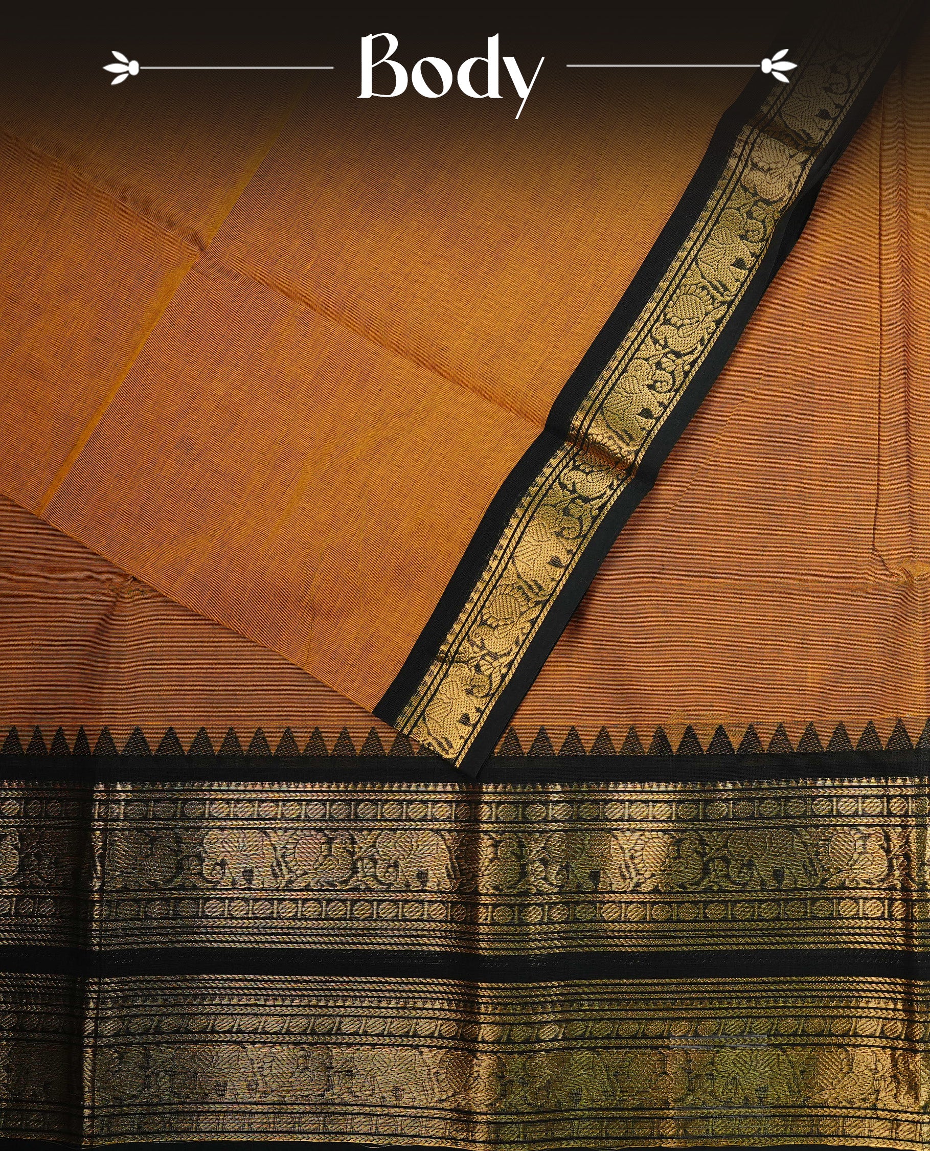 Mustard  colour chettinad cotton saree featuring  Plain body, complemented by Contrast Black  Colour With Traditional  Gold Zari border, paired with matching blouse piece.