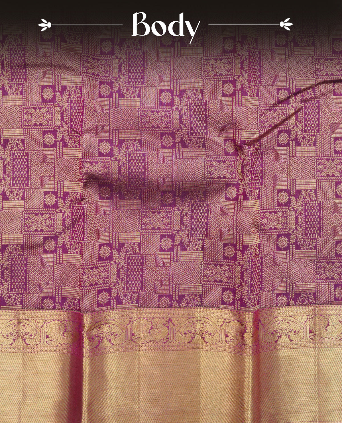 Burgundy colour pure wedding silk saree featuring gold zari Designed pattern on body, comeplemented by self colour with traditional border, comes with matching blouse piece.
