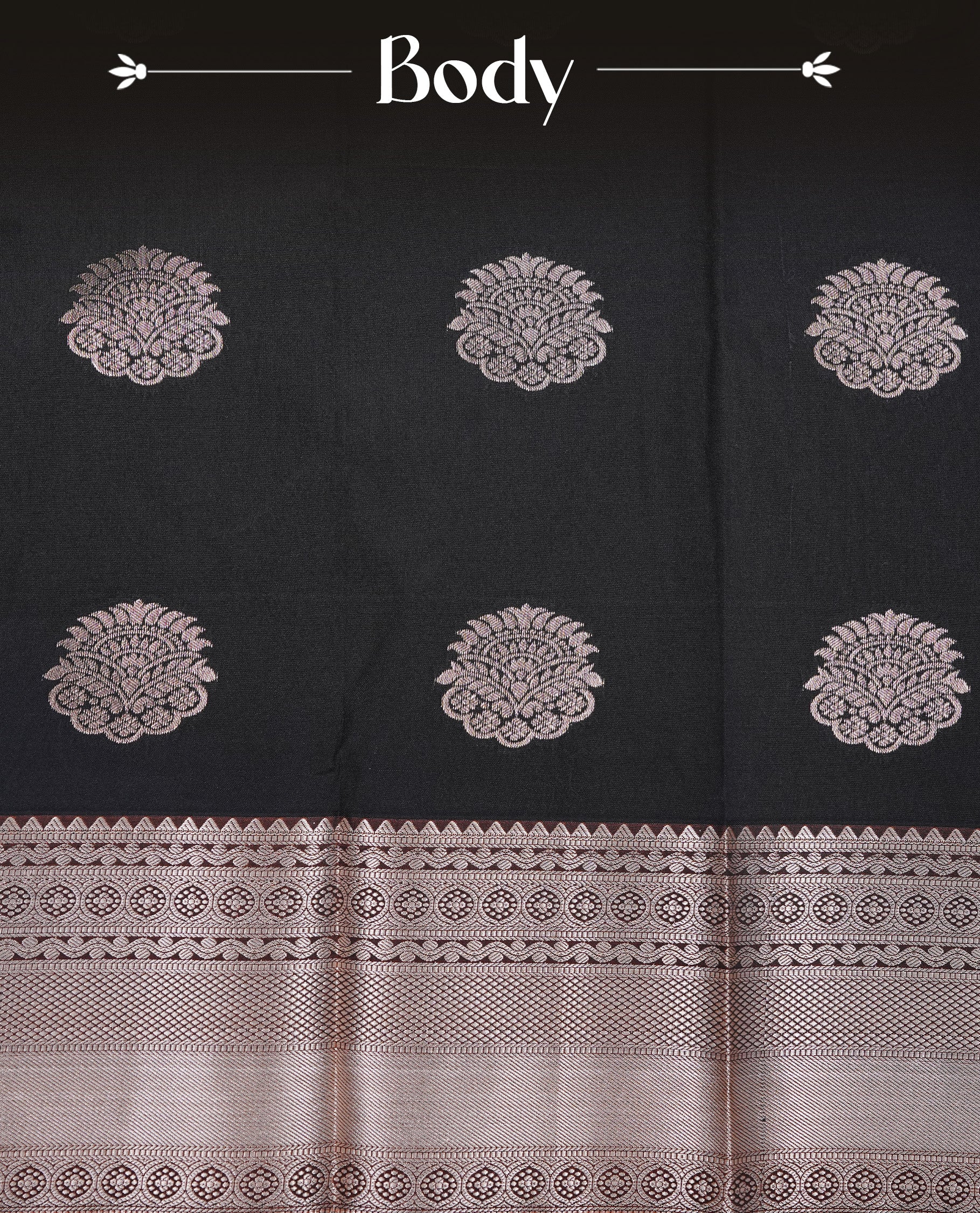 Black colour Semi silk saree Featuring gold zari motifs on body, complemented by Contrast brown colour with gold zari border, paired with matching blouse piece.