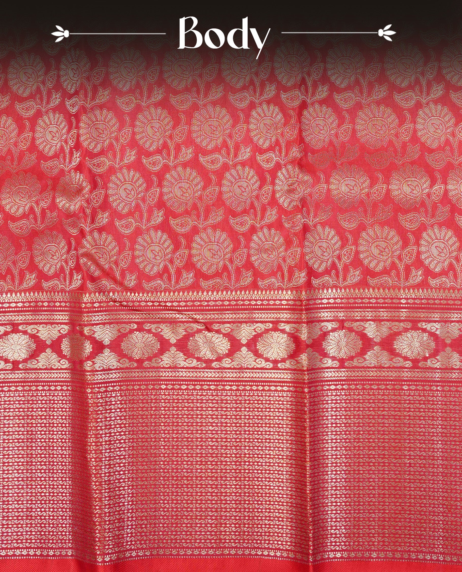 Red Colour Pure Kancheepuram Silk Saree Featuring Gold Zari Floral  Pattern on the Body, Highlighting a Traditional Gold Zari Border, Paired with a Matching Blouse Piece.